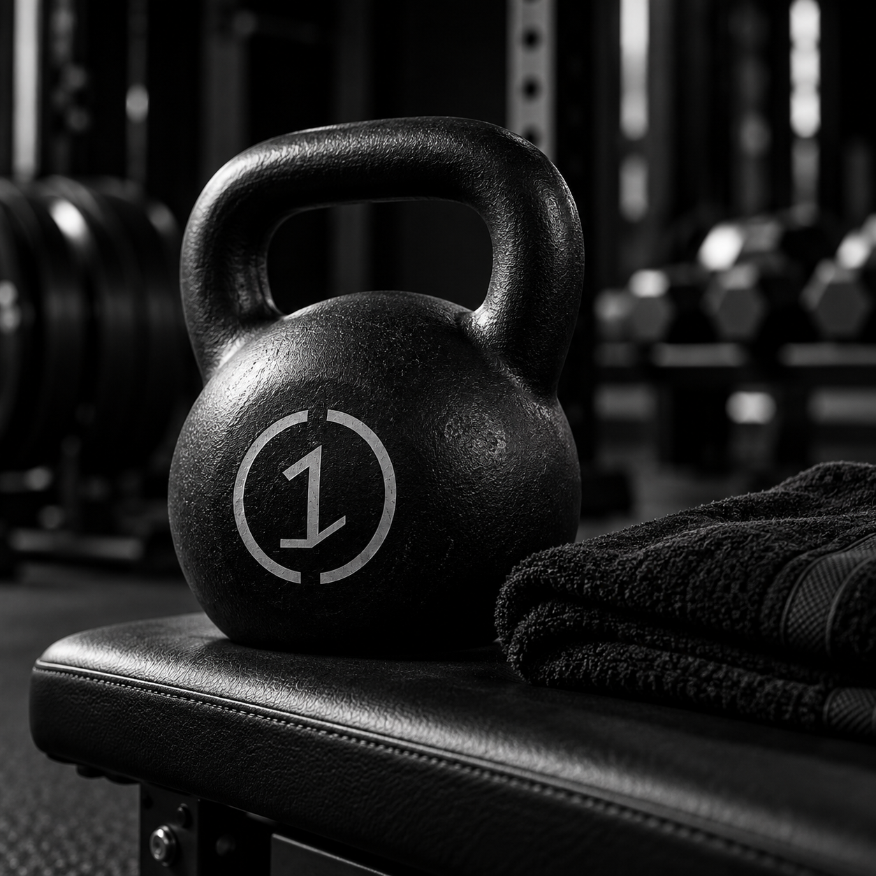 A black kettlebell with the number 12 on it, placed on a workout bench with a towel beside it, in a gym setting with weights in the background.