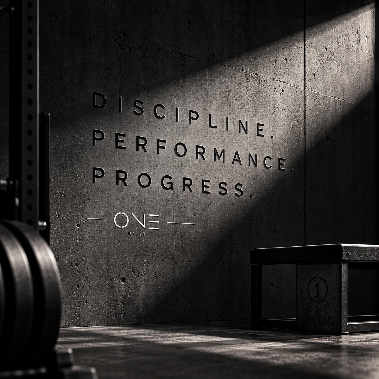 Close-up of a gym with a motivational wall quote: "Discipline. Performance. Progress." and a black plyometric box with the number 1 on it, in a dark and modern workout space.