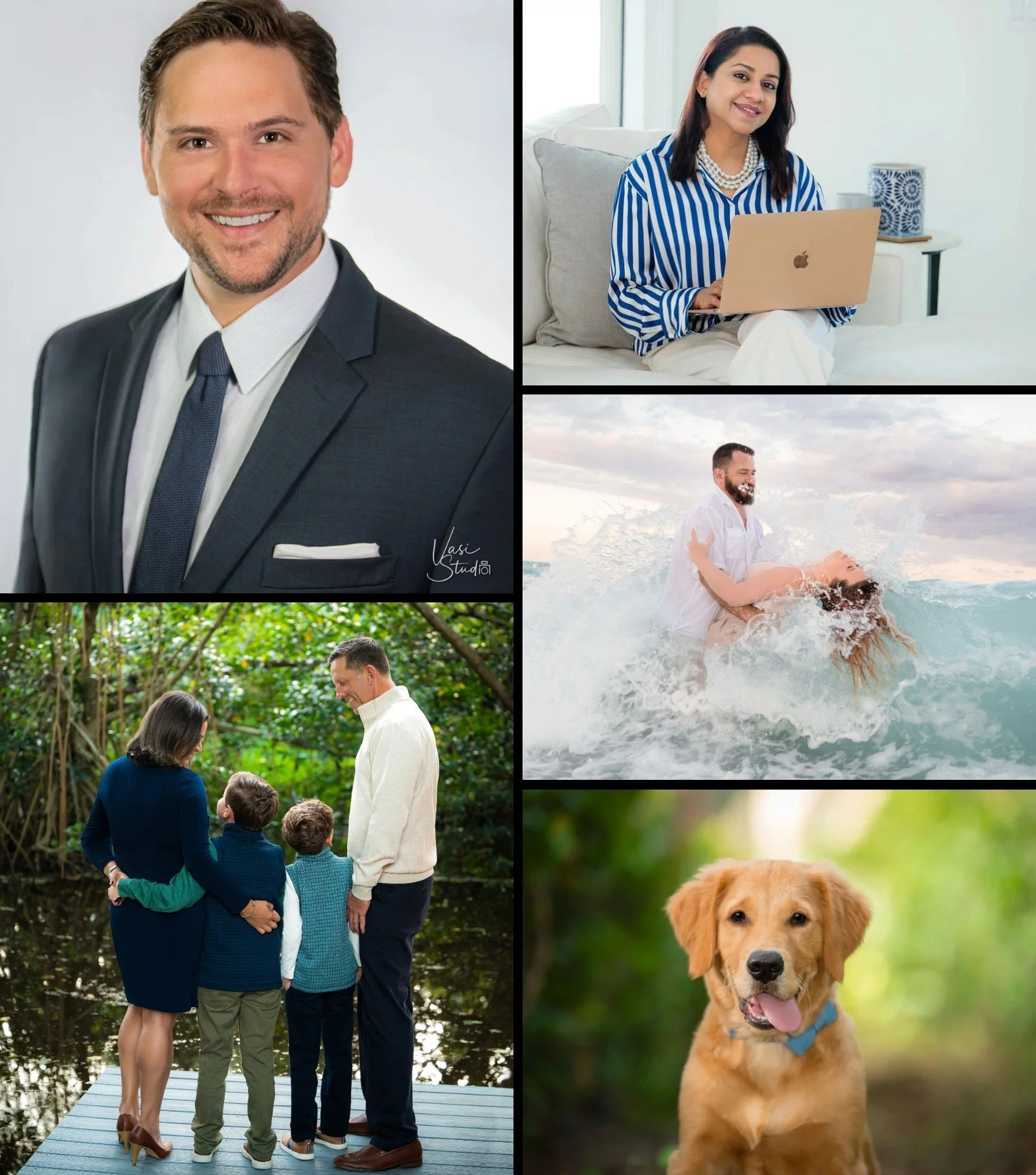Vasi Studio portrait collage in Palm Beach Gardens: a business headshot, a personal branding portrait with a laptop, a family on a dock among mangroves, a couple dancing in an ocean wave at sunset, and a golden retriever outdoors