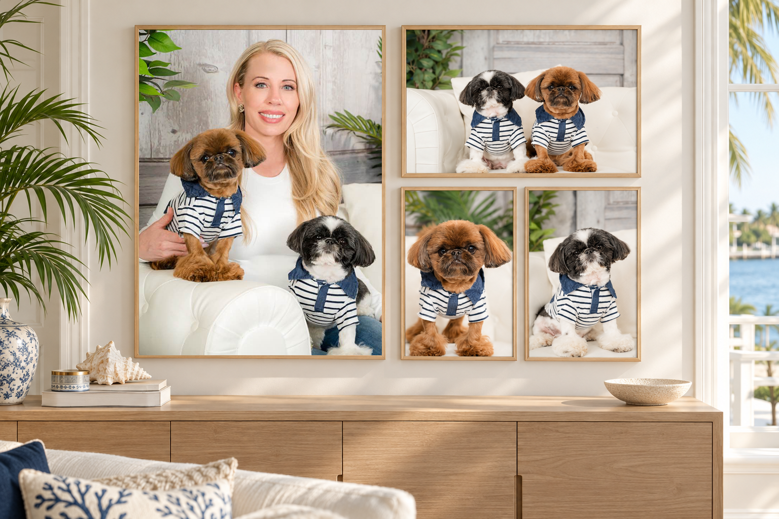Custom pet portrait wall art grouping of a woman and her dogs displayed in a coastal living room, fine art pet portraits by Vasi Studio