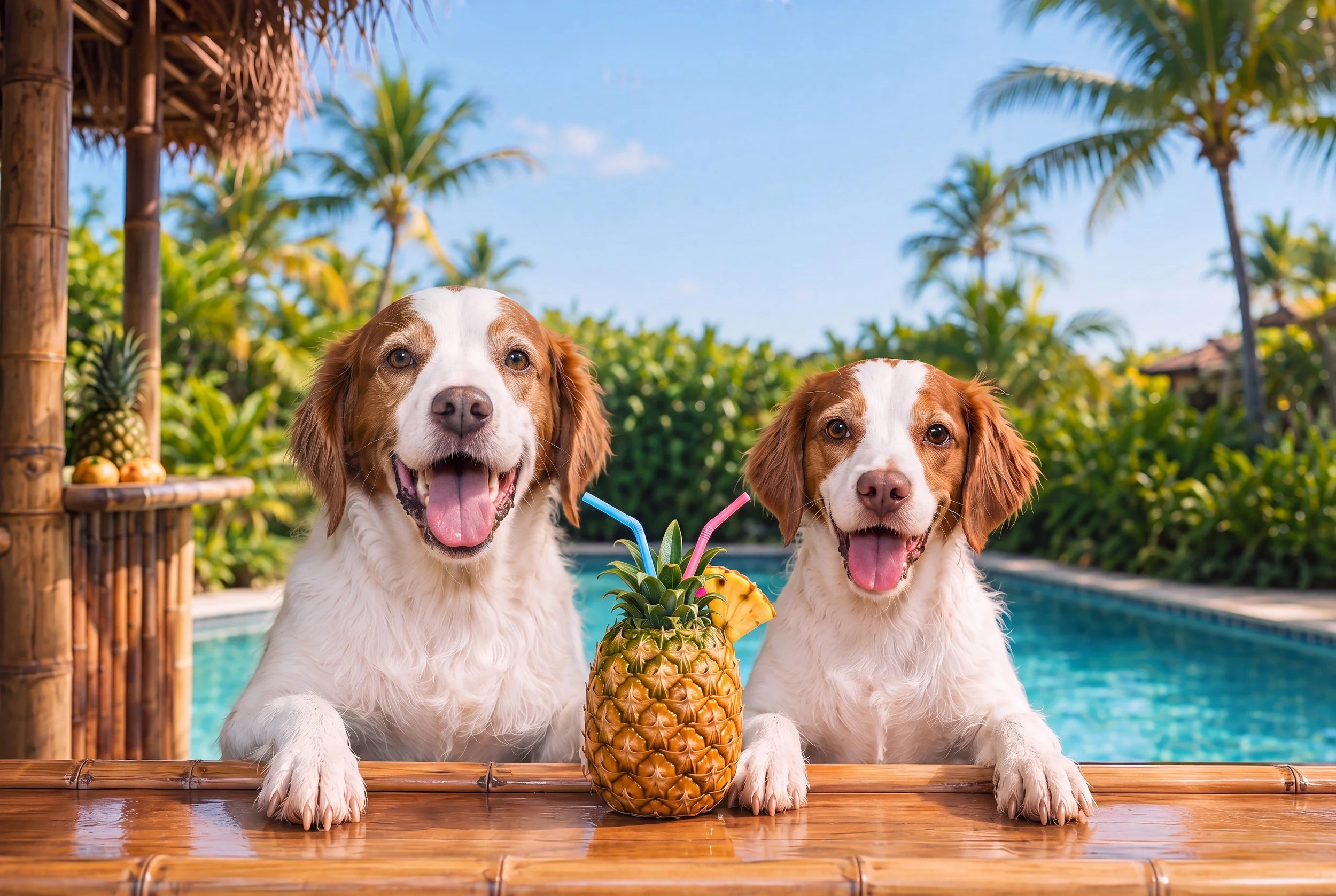 Fine art pet portrait of two Brittany spaniels at a tropical tiki bar with a pineapple drink, by Vasi Studio in Palm Beach Gardens