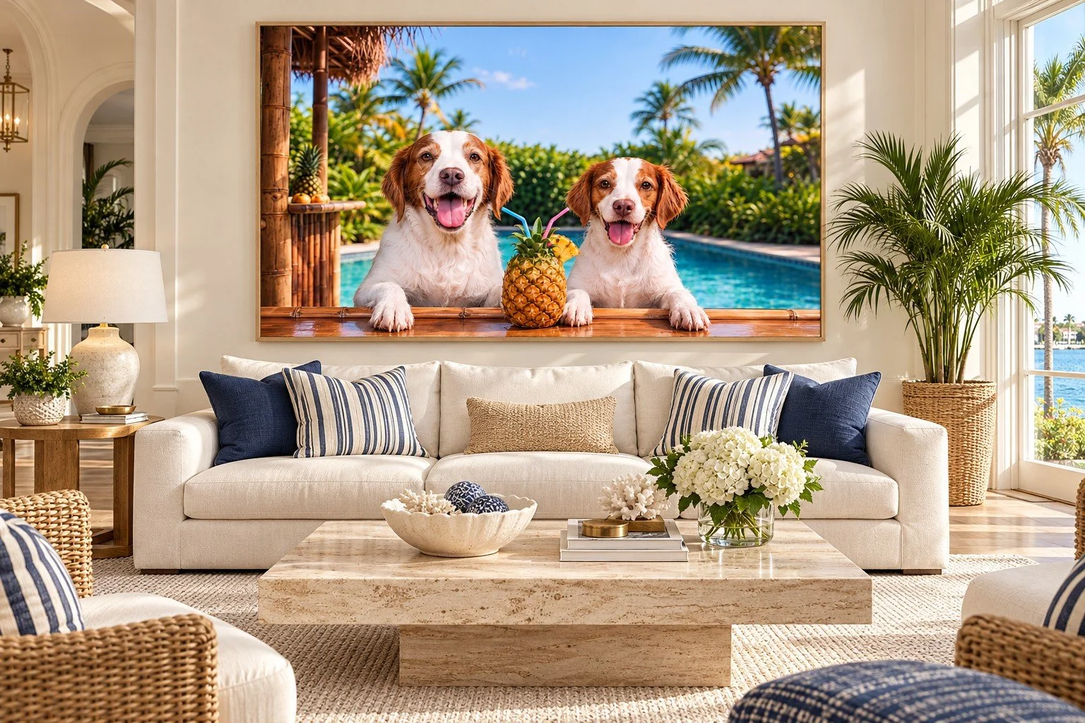 Fine art pet portrait of two spaniels at a tropical tiki bar, displayed as large wall art in a Palm Beach living room