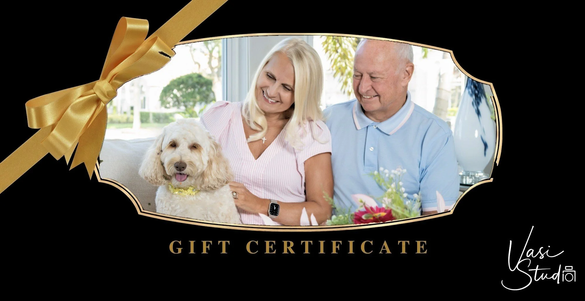 Vasi Studio portrait gift certificate with a couple and their goldendoodle at home in Palm Beach Gardens