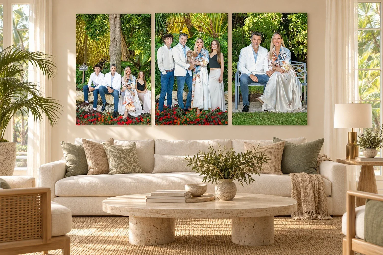 Custom fine art family portrait triptych on canvas above a sofa in a modern living room, wall art by Vasi Studio in Palm Beach Gardens