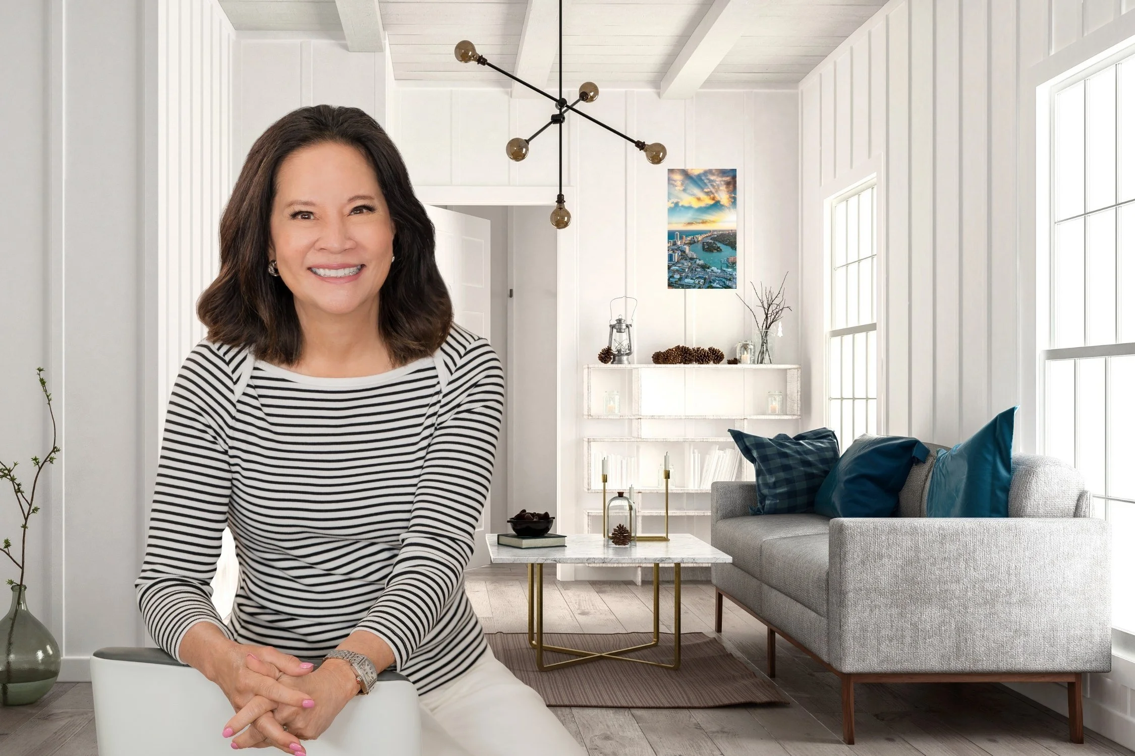 Lifestyle branding portrait of a woman seated in a bright modern home interior, personal branding photography South Florida