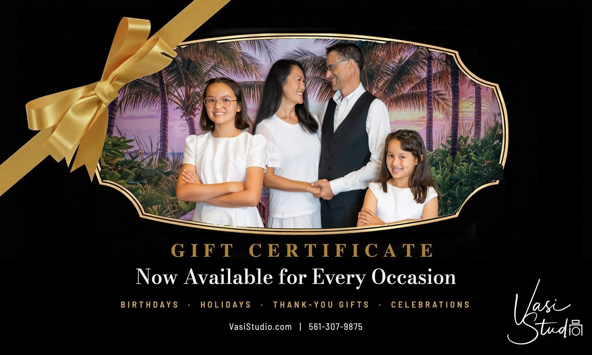 Vasi Studio family portrait gift certificate with a family in white before a tropical sunset, for birthdays, holidays and thank-you gifts in Palm Beach Gardens
