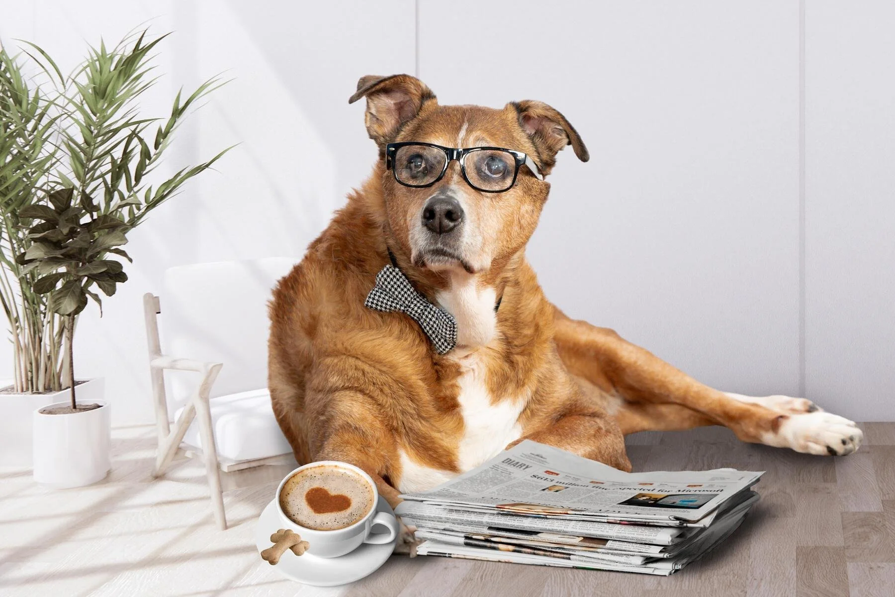 Dog wearing glasses lounging with a newspaper and coffee, humorous creative pet portrait