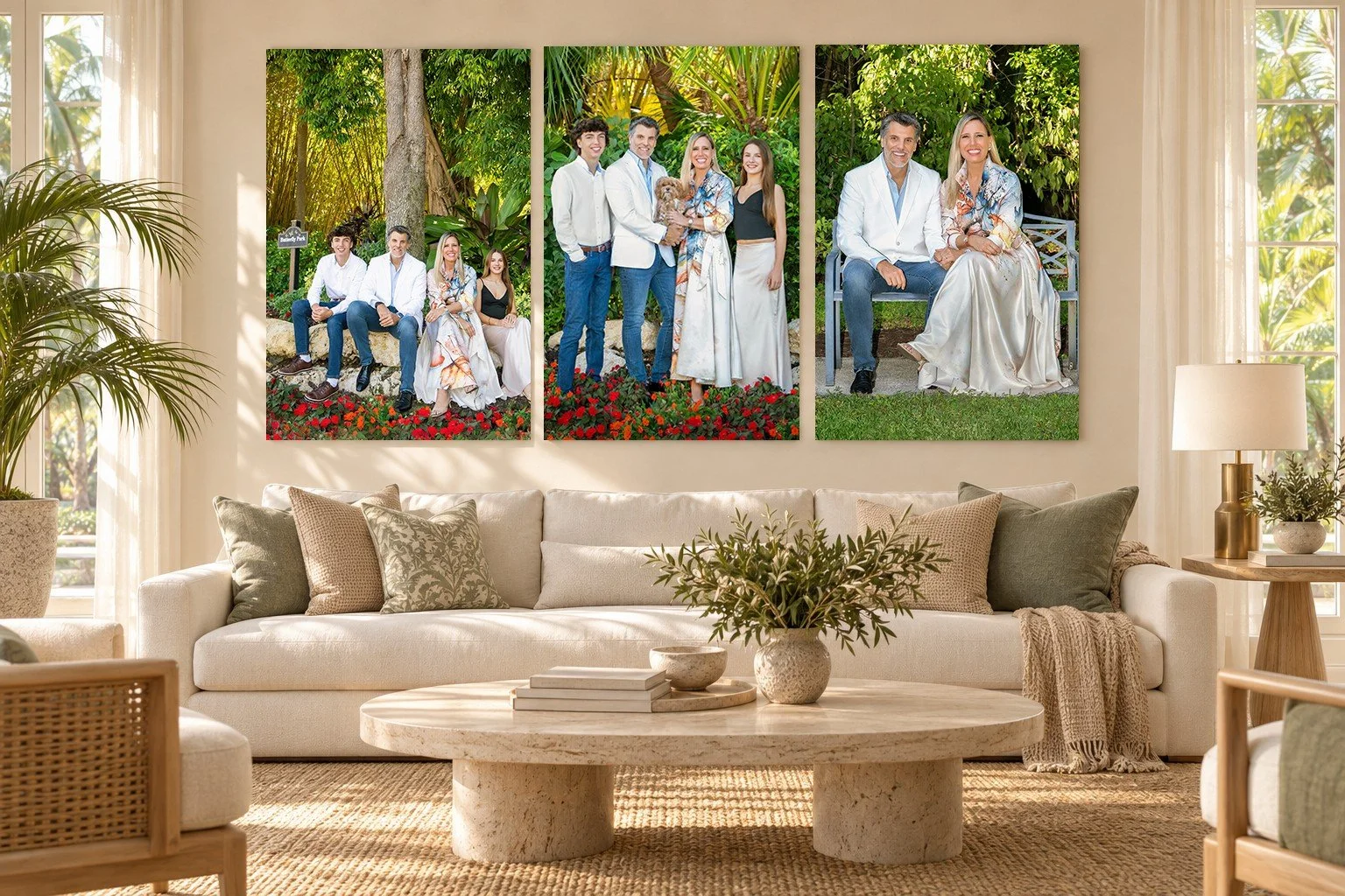 Custom family portrait wall art triptych displayed above a sofa in a modern living room, canvas prints by Vasi Studio