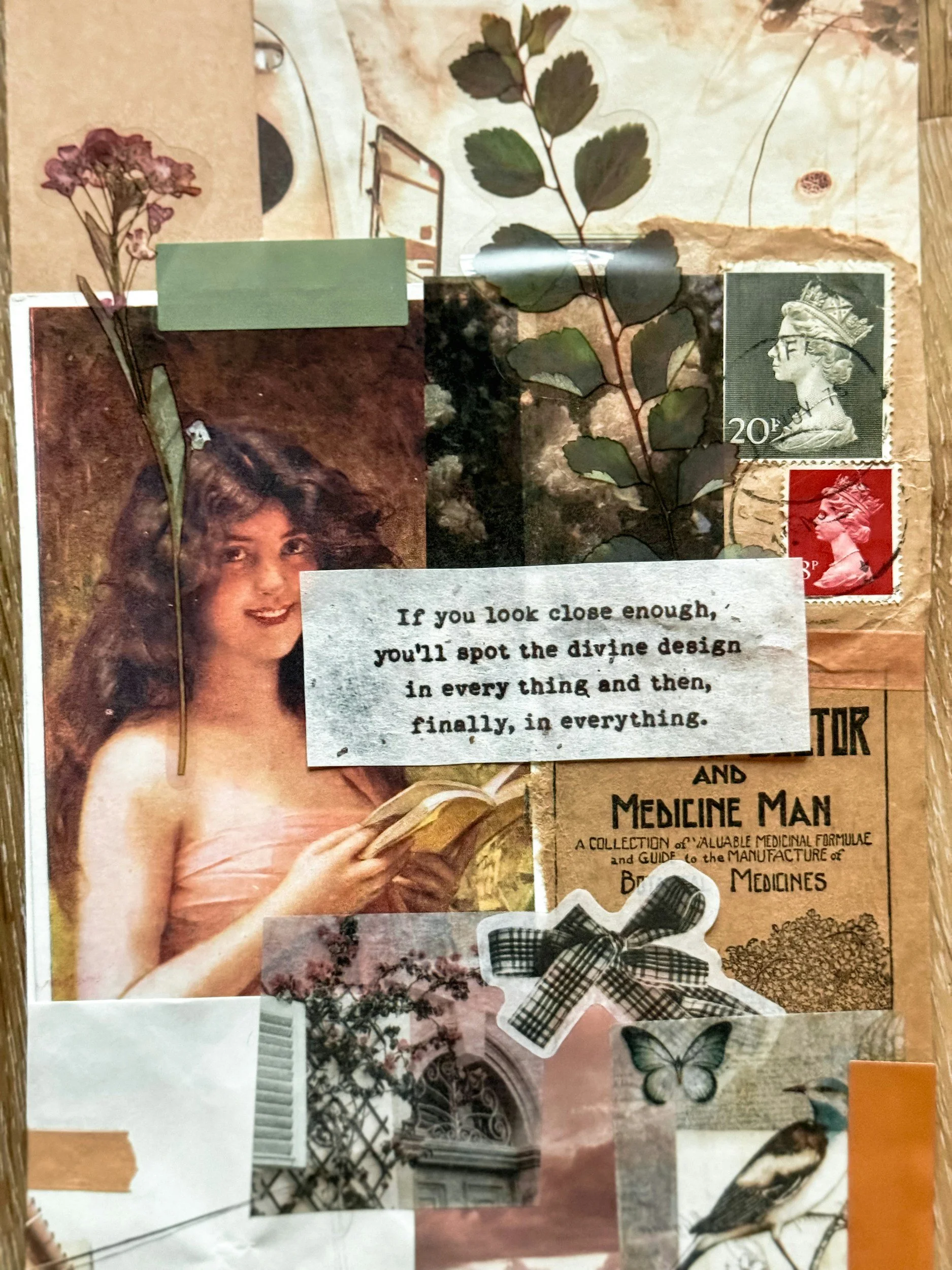 Collage vintage con recortes, hojas y un retrato clásico