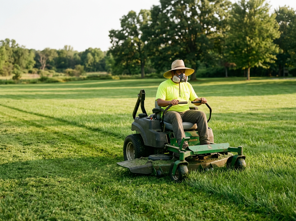 Person wearing a straw hat, neon yellow shirt, and face mask operating a lawn mower in a grassy field with trees in the background.