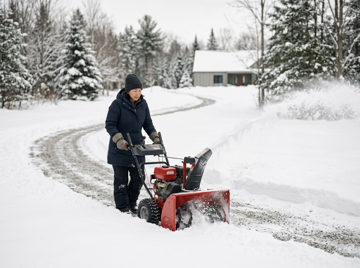 A woman in winter clothing operating a snowblower on a snow-covered driveway in a rural area with trees and a house in the background.