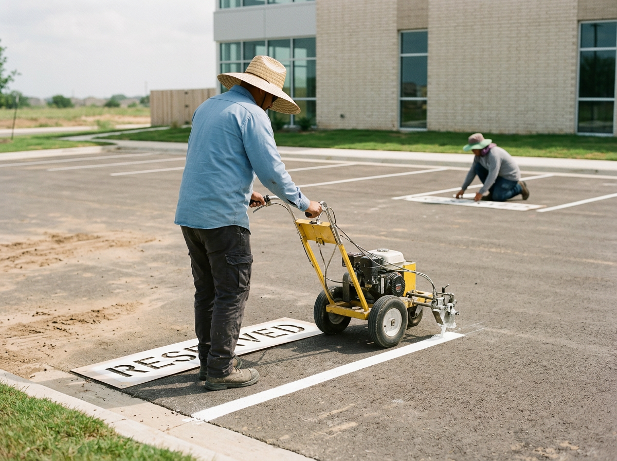Person using a machine to paint a reserving parking space on the ground while a woman in the background paints a similar space.