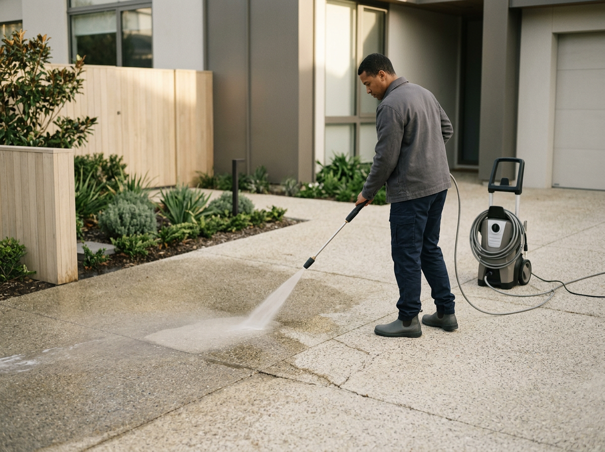 A man cleaning a concrete driveway with a pressure washer outside a modern house.