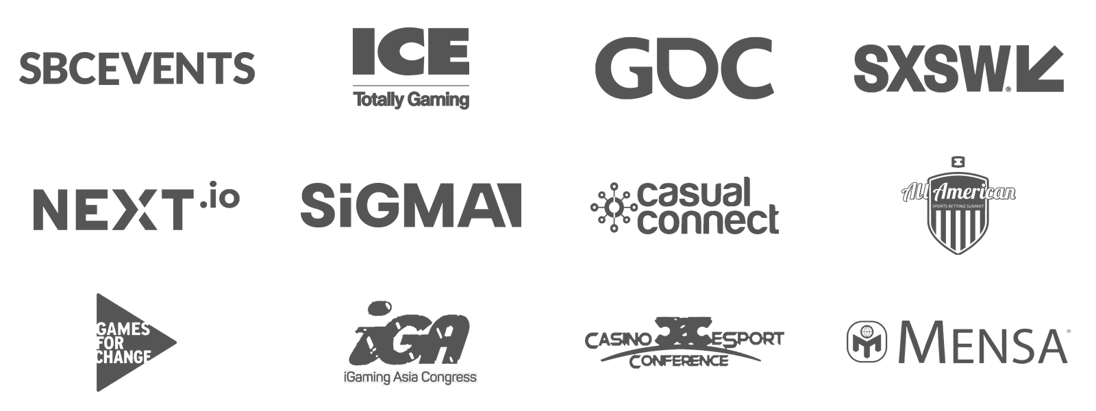 Logos of events where Jamison Selby has spoken, including SBC Summit, ICE, GDC, SXSW, NEXT.io, SiGMA, Casual Connect, All American Sports Betting Summit, Games for Change, iGaming Asia Congress, Casino Esports Conference and Mensa
