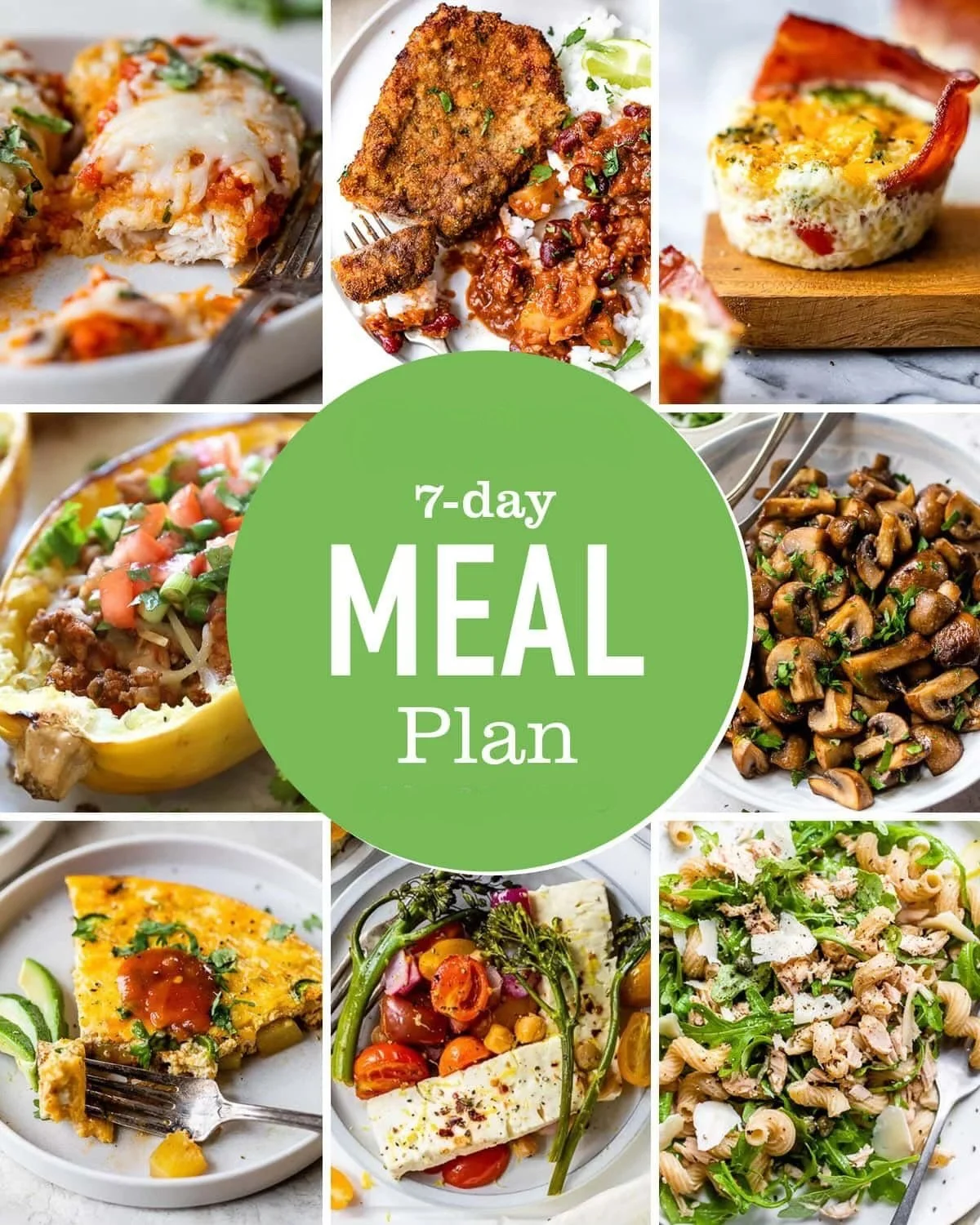Seven-day meal plan with a collage of fresh breakfast, lunch and dinner ideas.
