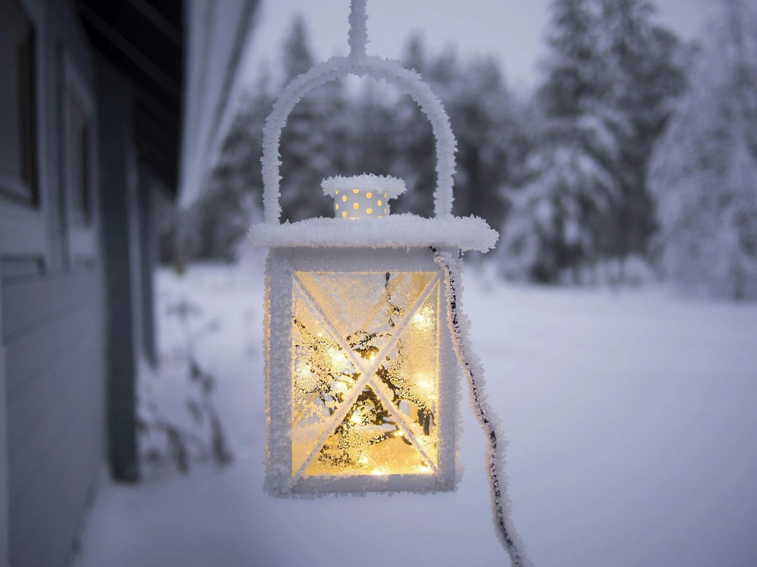 A snow-covered lantern with warm light inside, hanging outdoors during winter, surrounded by frosty trees and snow.