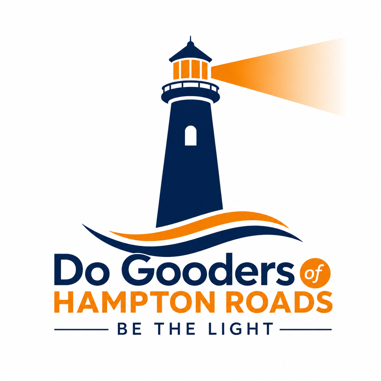 Logo of a lighthouse emitting light, with waves beneath and the text "Do Gooders of Hampton Roads, Be the Light" in blue and orange.