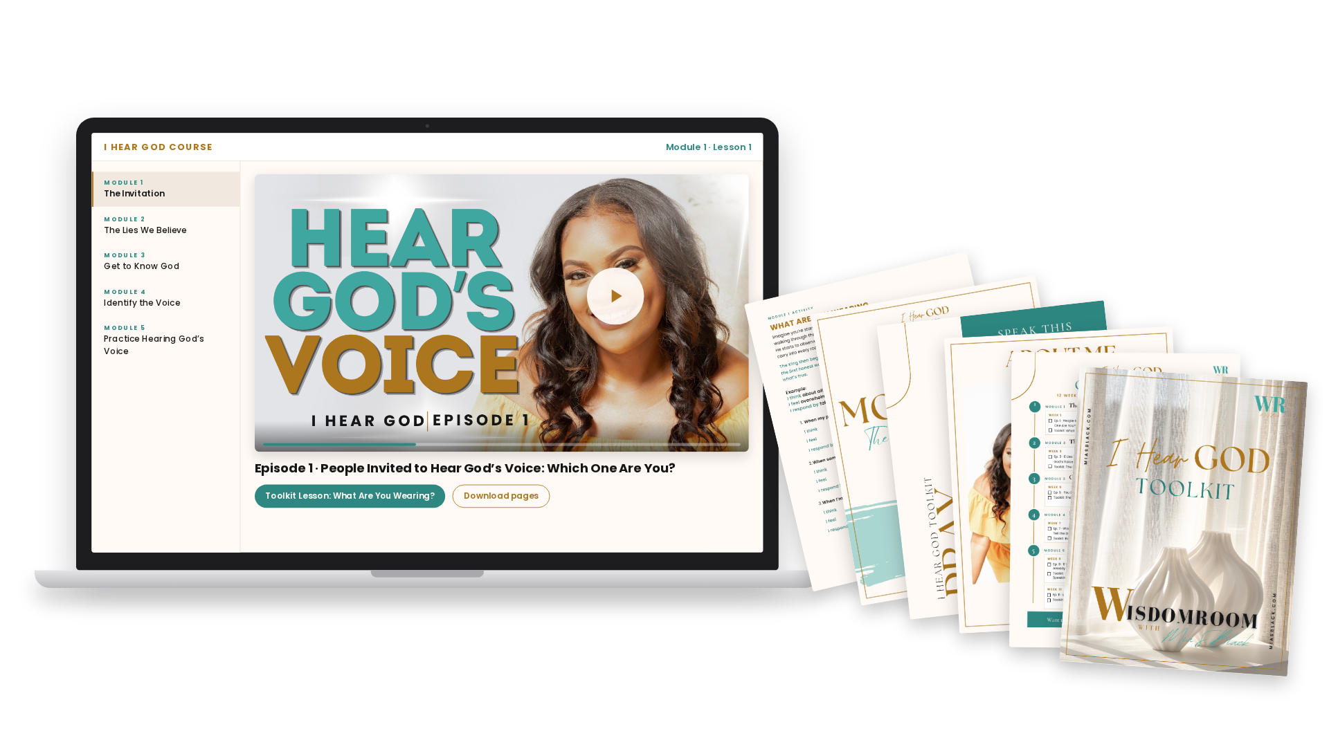 A laptop displaying a course titled "Hear God's Voice" with a smiling woman on the screen, surrounded by printed course materials and booklets.