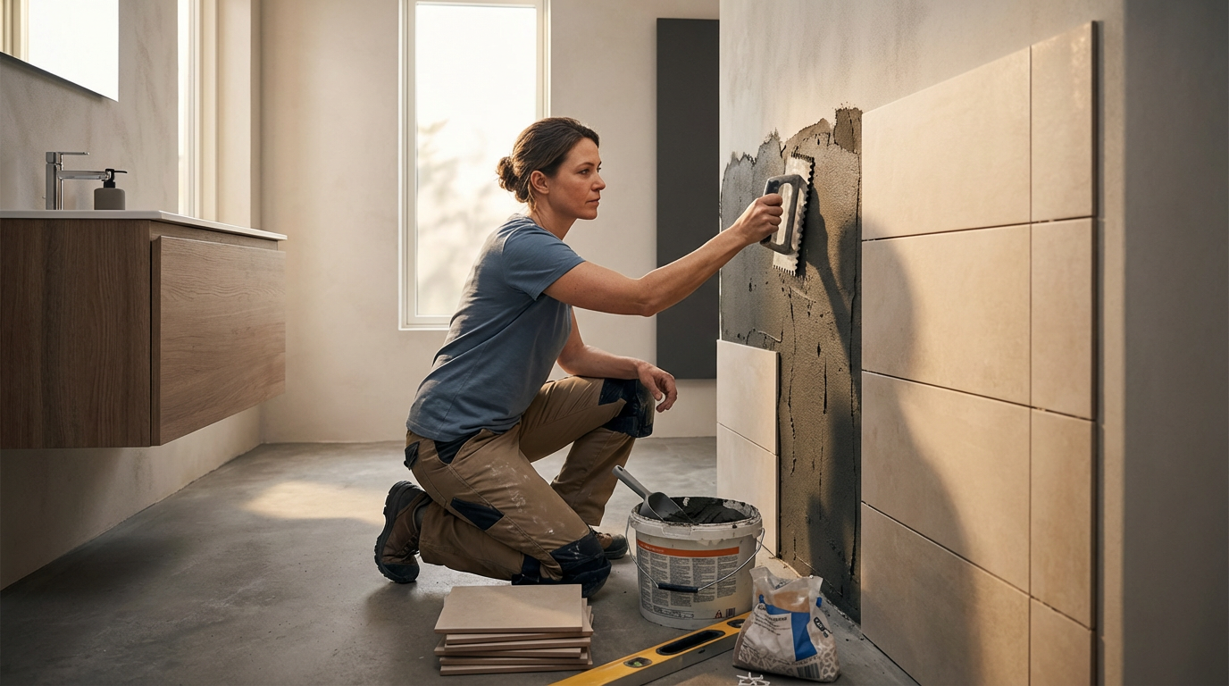 Woman kneeling in a bathroom, applying tile adhesive to a wall with a notched trowel, surrounded by construction materials.