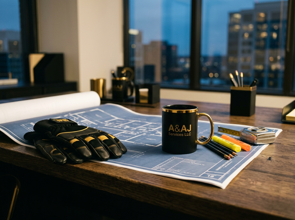 Office desk with blueprints, black and gold coffee mug reading 'A&AJ Services LLC,' black gloves with gold accents, highlighters, pencils, a tape measure, and writing utensils, with large windows showing city buildings at dusk.