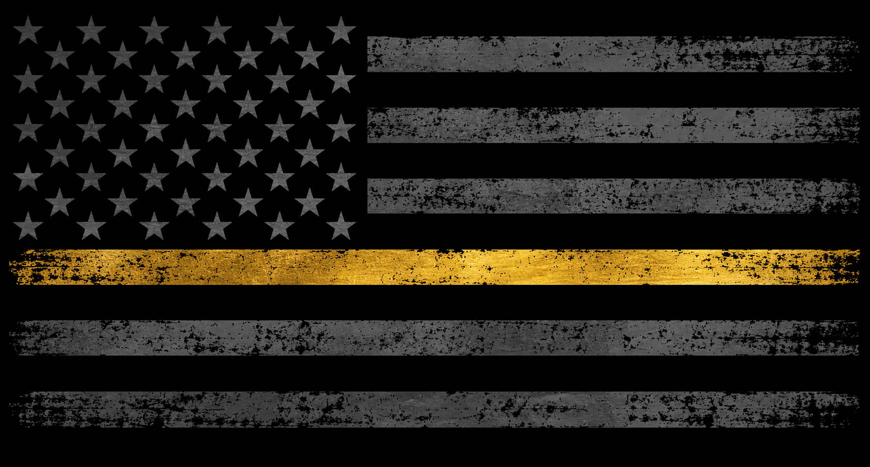 Black American flag with grayscale stars and stripes, and one horizontal gold stripe in the middle, representing support for first responders.