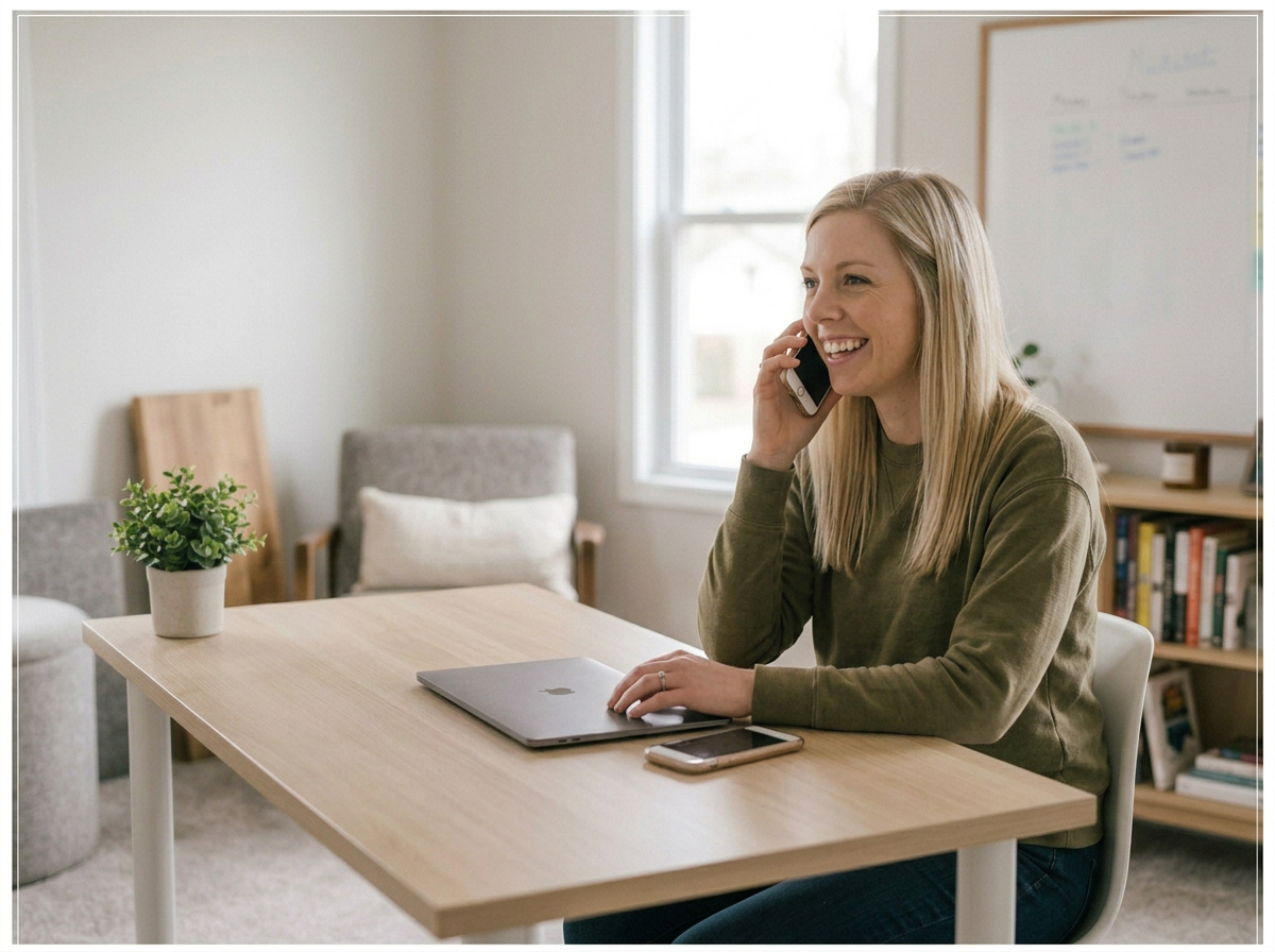 A woman sitting at a wooden desk talking on her mobile phone, with a laptop and smartphone in front of her, in a bright room with a plant and bookshelf.