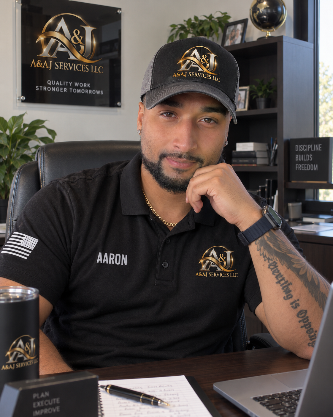 A man sitting at a desk in an office, wearing a black polo shirt with a logo and his name 'Aaron', and a matching cap with the same logo. The office has a poster on the wall with the company name 'A&J Services LLC' and the tagline 'Quality Work Stronger Tomorrows.' The man has a tattoo on his left arm, is wearing a watch, and has a thoughtful expression.