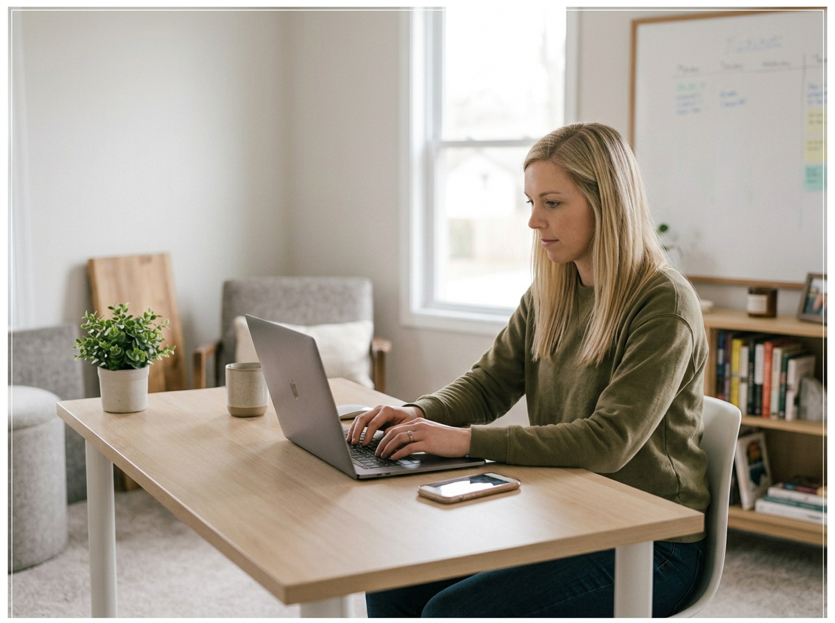 A woman working on a laptop at a wooden desk in a bright room with a potted plant, a coffee mug, a smartphone, and a bookshelf in the background.