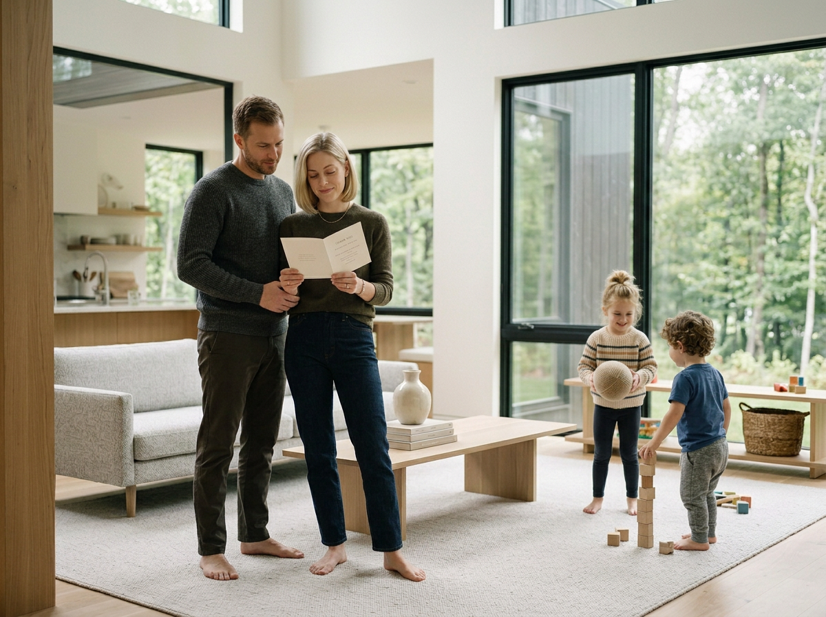 A family reading a book together in a modern, bright living room with large windows, a beige rug, and children playing with blocks.