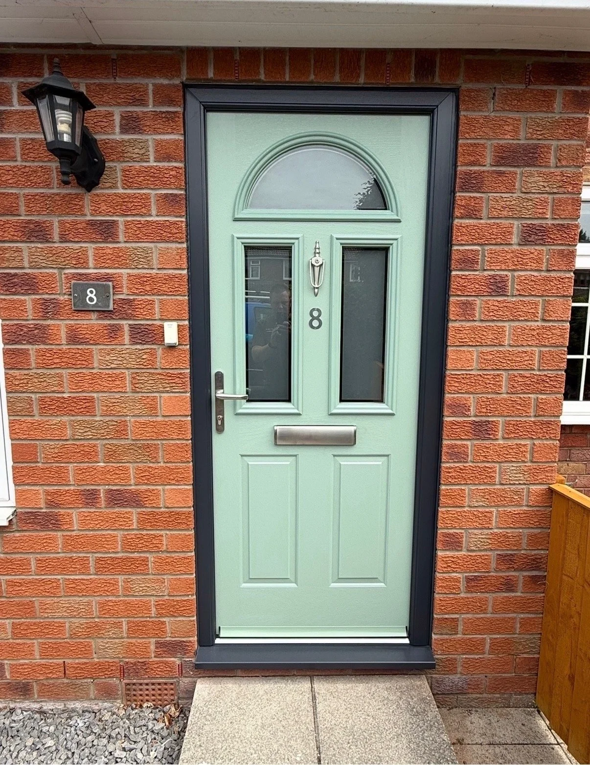 Composite door installation, anthracite grey doorframe, sage green composite door, composite door installation