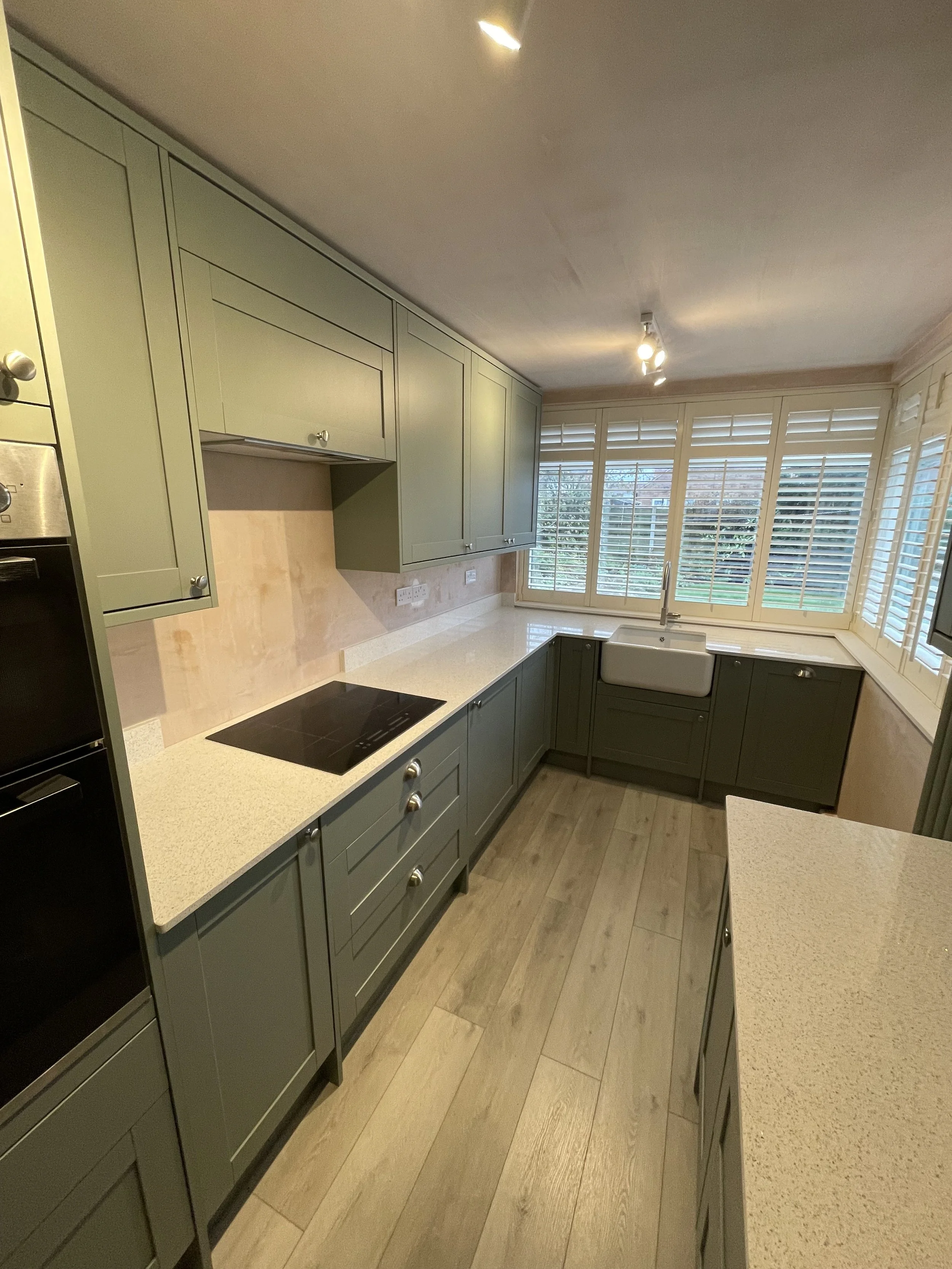 Galley kitchen, reed green Howdens shaker style kitchen, Belfast sink, quartz worktop kitchen, kitchen fitted, small kitchen