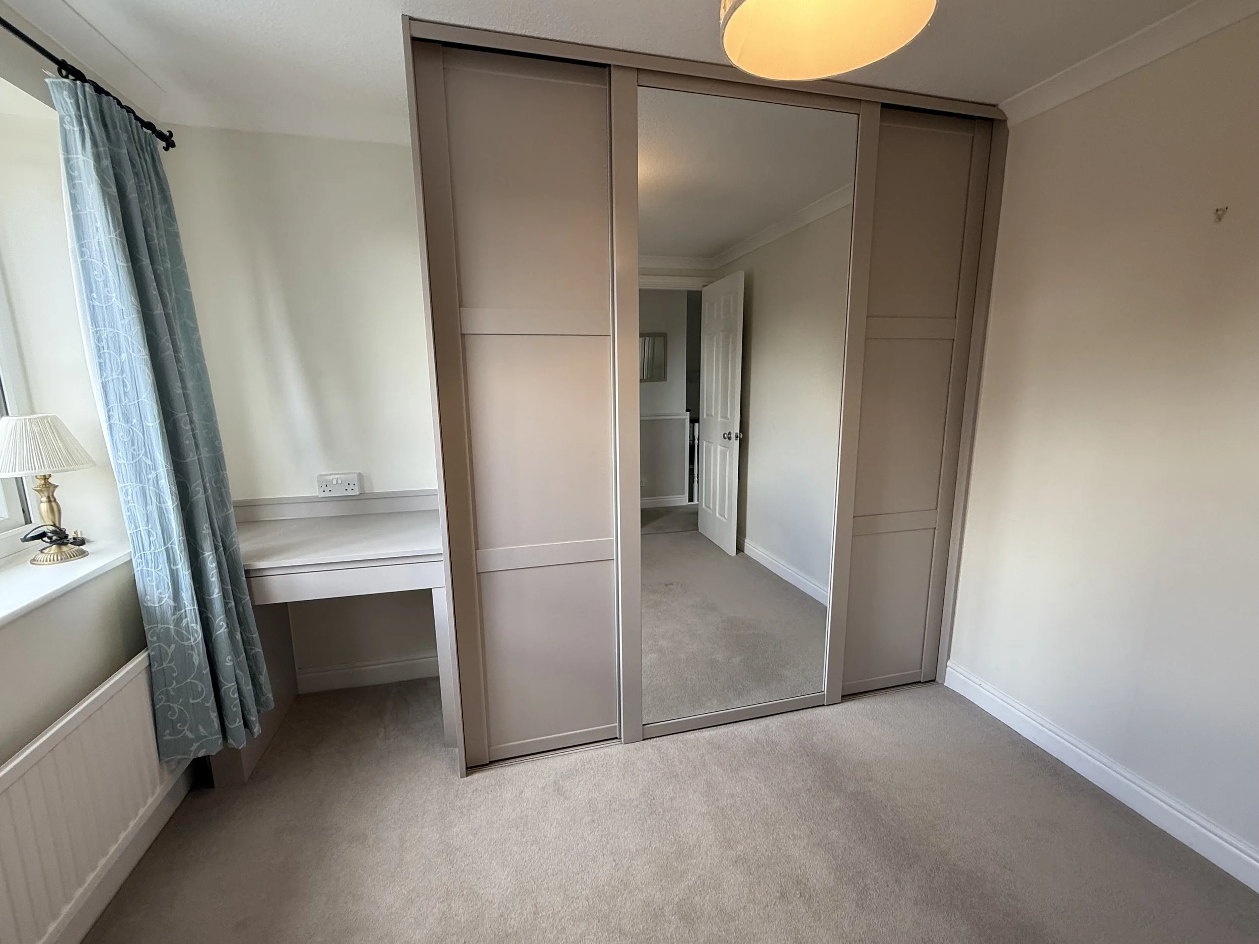 bespoke cashmere wardrobe, bespoke bedroom installation, bespoke desk, bespoke furniture, bedroom installation, cashmere wardrobe, mirrored door cashmere wardobe, small desk solution