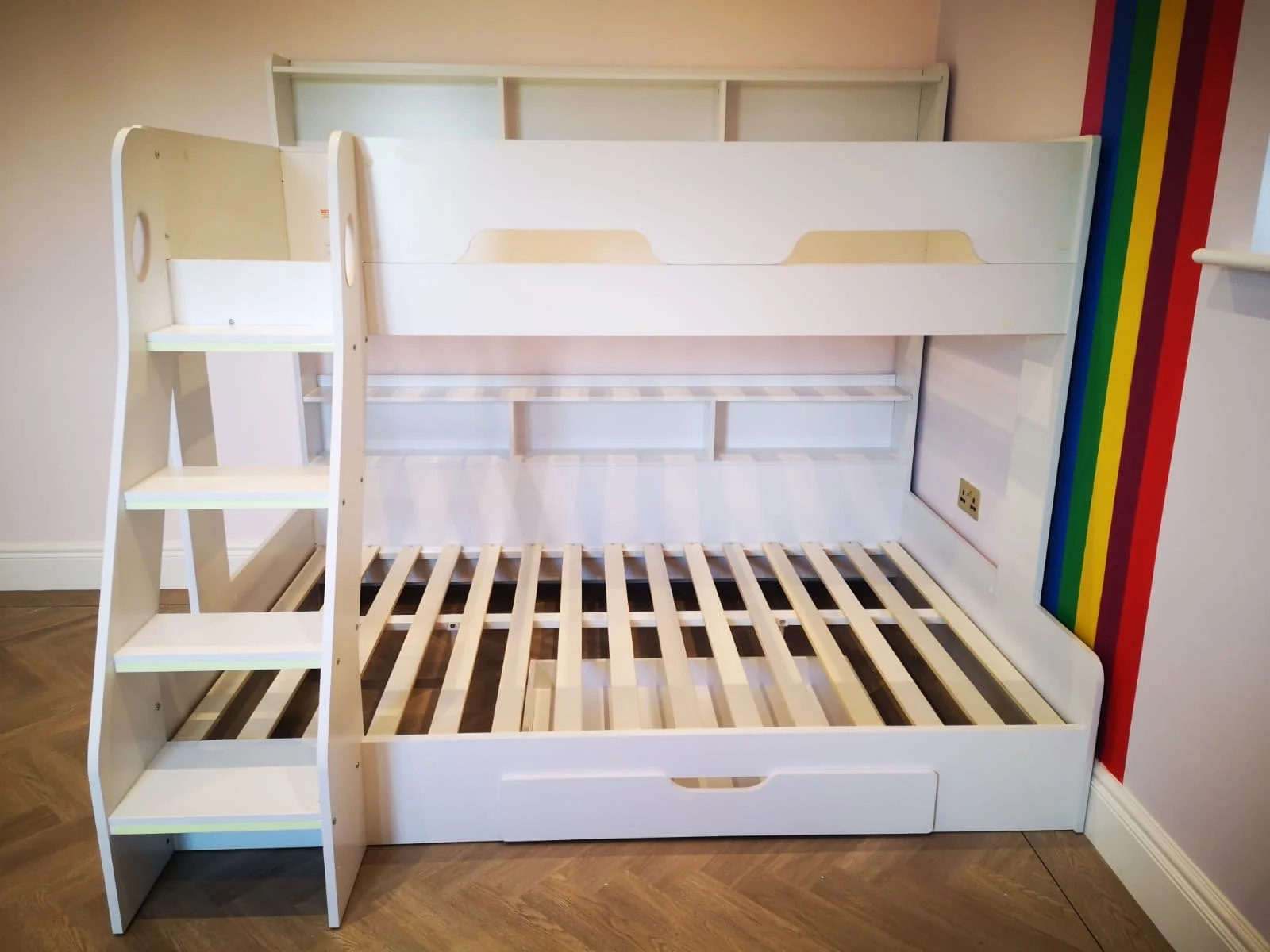 Flatpack assembly cabin bunk bed, kids bunk bed, kids cabin bed, white bunk bed with storage, children’s bunk bed