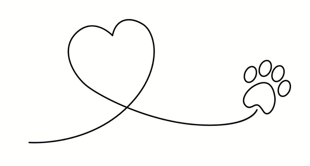 Line art of a heart connected to a paw print, symbolizing love for animals.