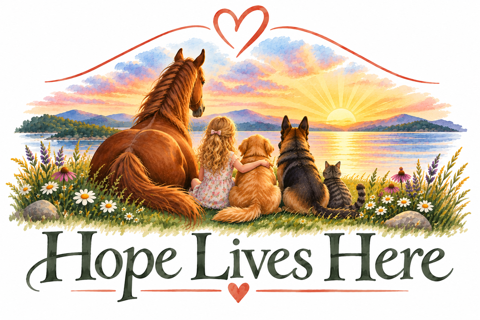 A girl with curly blonde hair sitting with a brown horse, a golden retriever, a German shepherd, and a tabby cat; all facing a sunset over a lake with mountains in the background, surrounded by colorful flowers. The text below reads 'Hope Lives Here'.