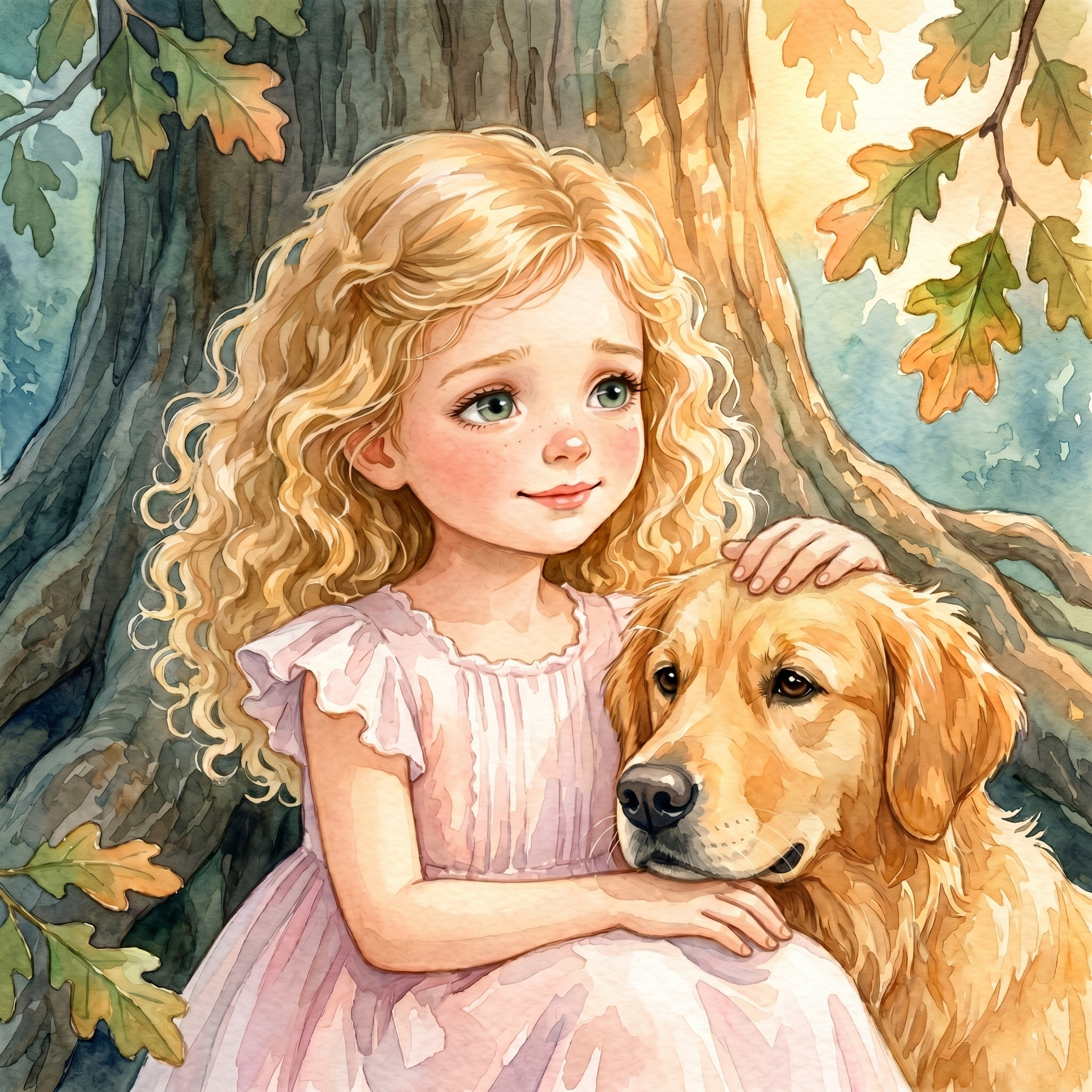 A young girl with curly blonde hair and green eyes sits outdoors next to a golden retriever puppy. She is wearing a pink dress and looks thoughtful. The background features large tree branches with green and autumn-colored leaves, creating a peaceful, natural setting.
