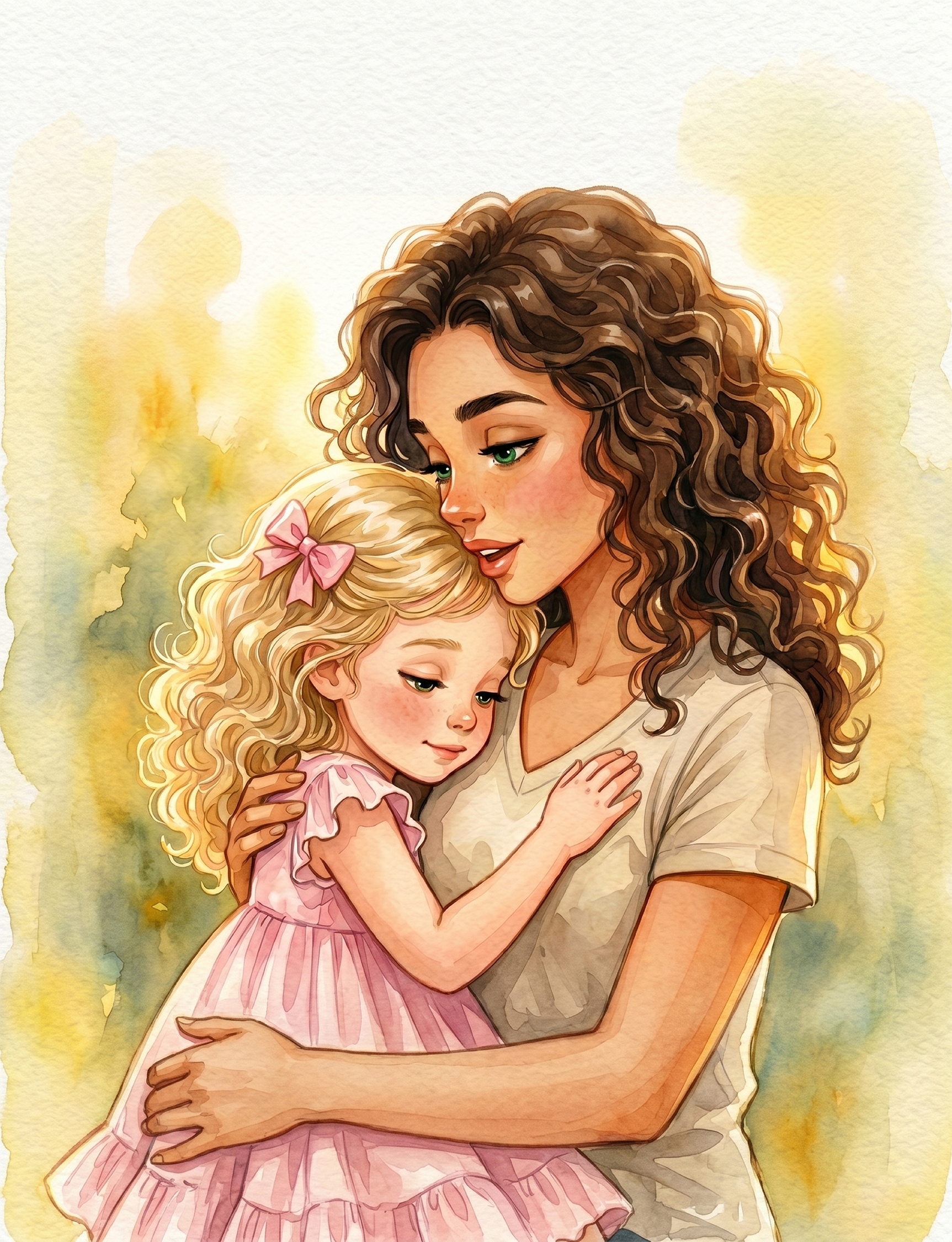 Digital painting of a woman with curly brown hair and green eyes hugging a little girl with blonde hair and a pink bow, set against a watercolor-style yellow-green background.