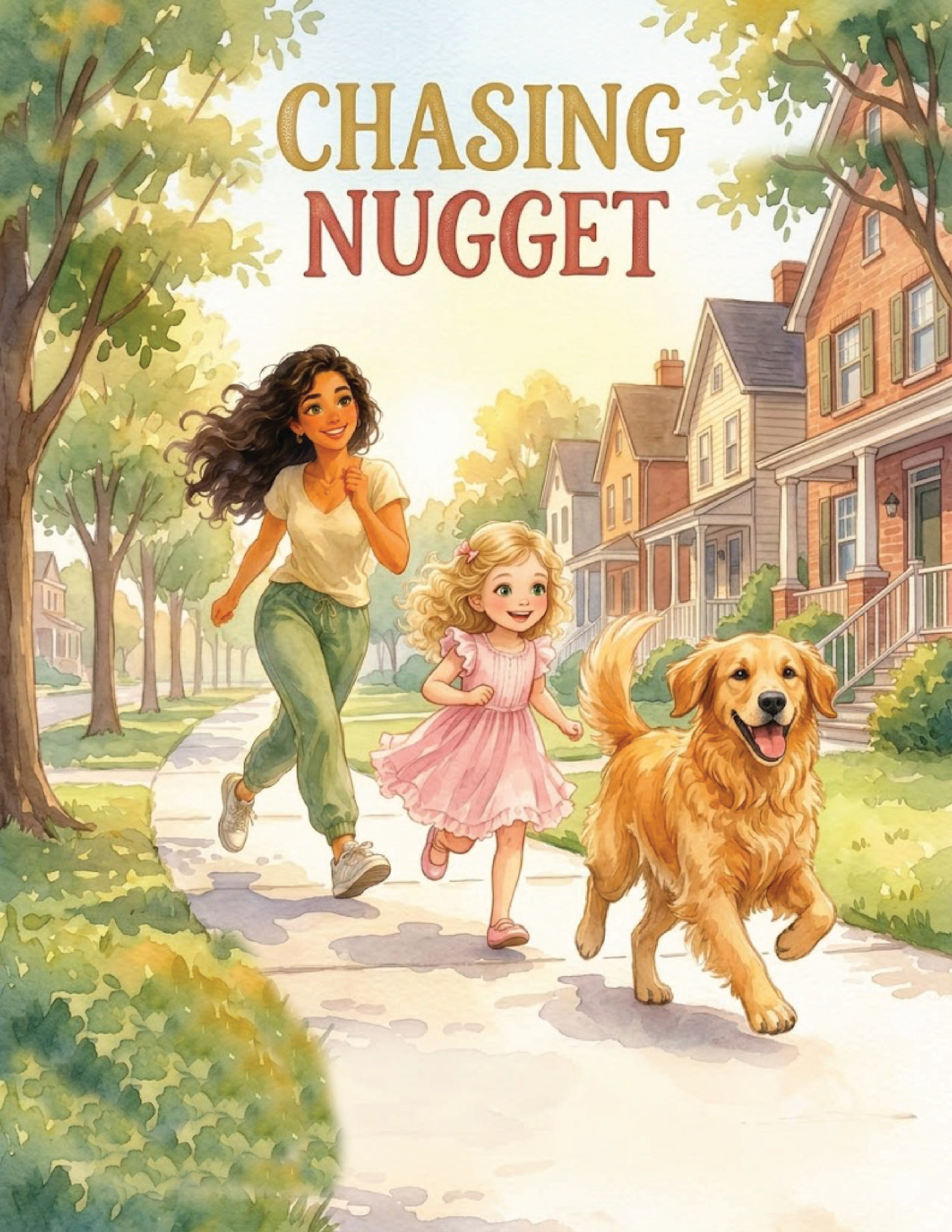 Illustration of two young girls and a dog running on a sidewalk in a neighborhood with trees and houses, with the title 'Chasing Nugget' at the top.