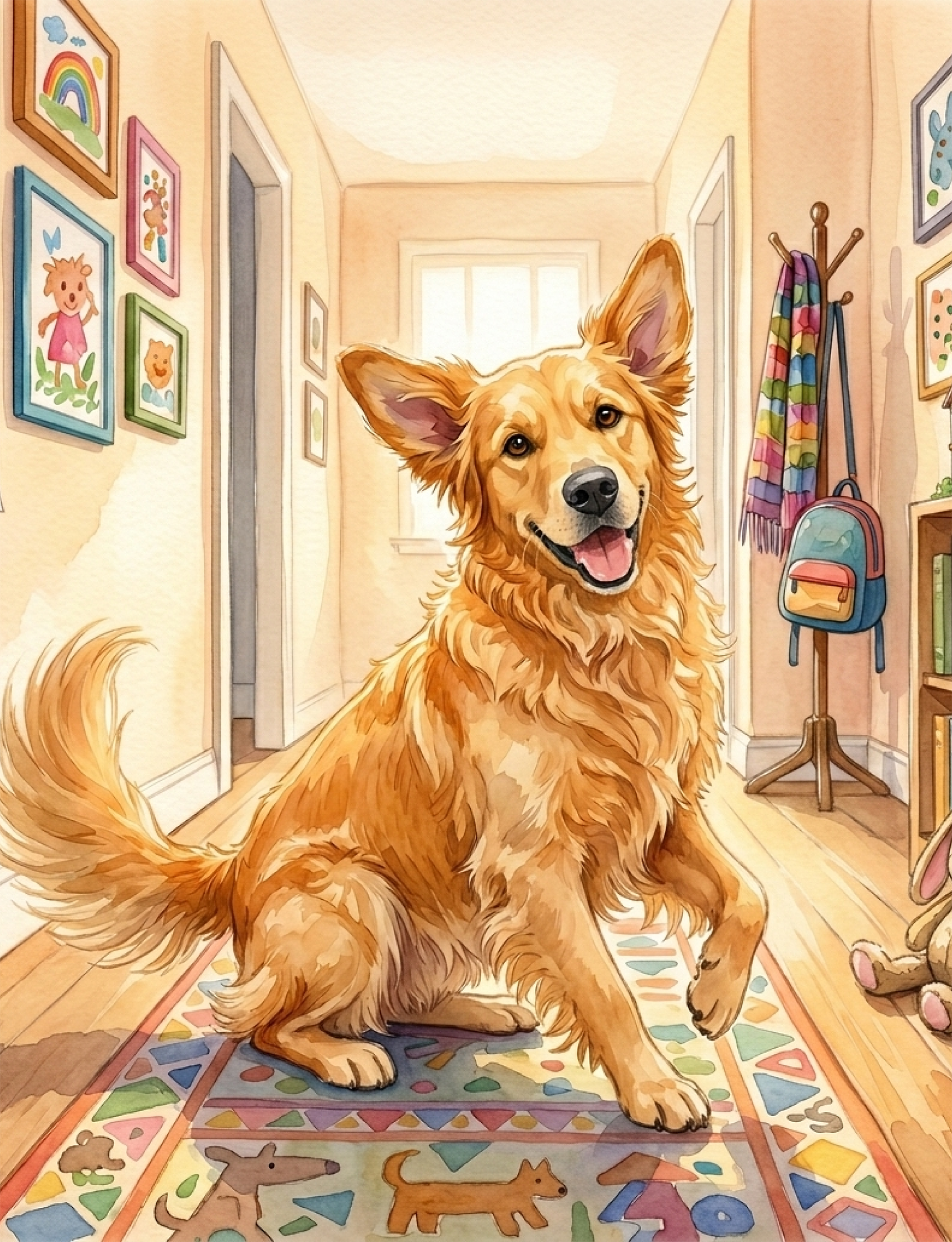 An illustration of a happy golden retriever sitting on a colorful children's playmat with scattered plush animal toys in a hallway decorated with framed kids' artwork and a coat rack.