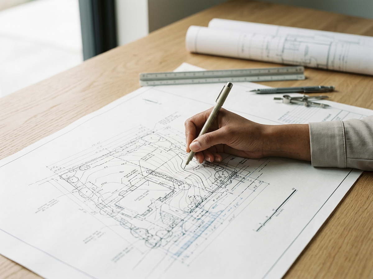Person drawing on an architectural blueprint with a pen, surrounded by tools including a ruler, compass, and additional blueprints on a wooden table.