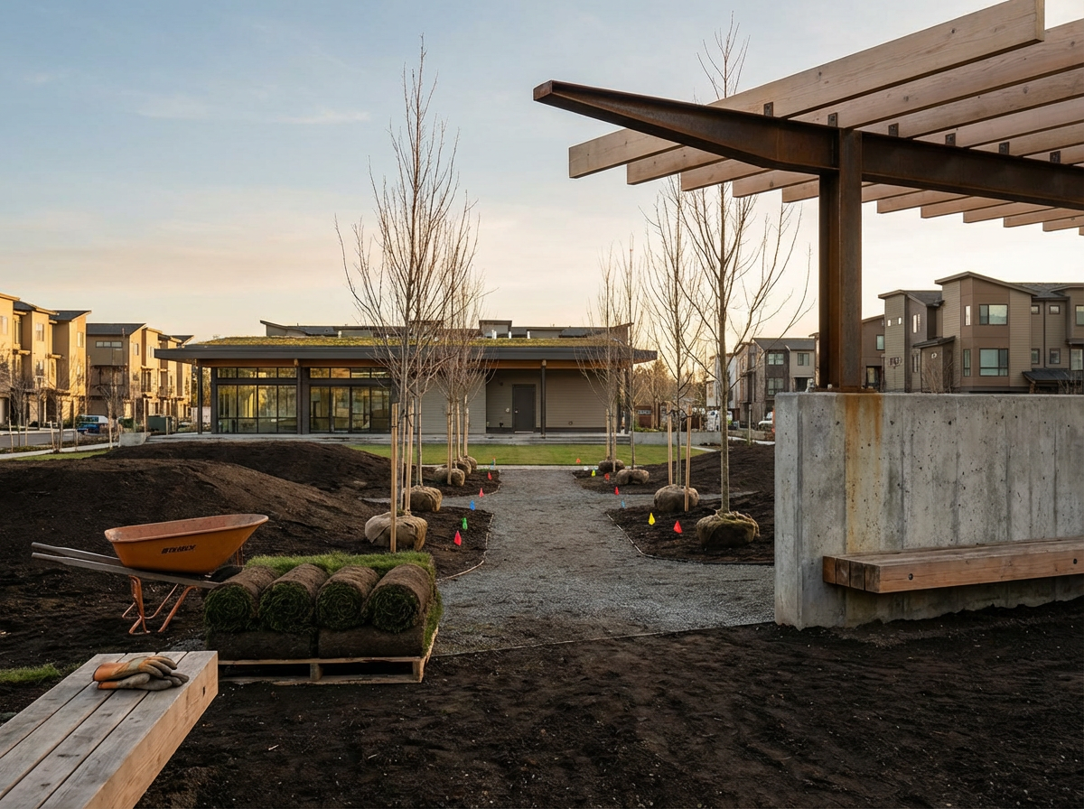 Landscape view of a construction site with newly planted trees, a gravel pathway, and residential buildings in the background. Construction materials and equipment like a wheelbarrow, rolled turf, and gloves are visible.