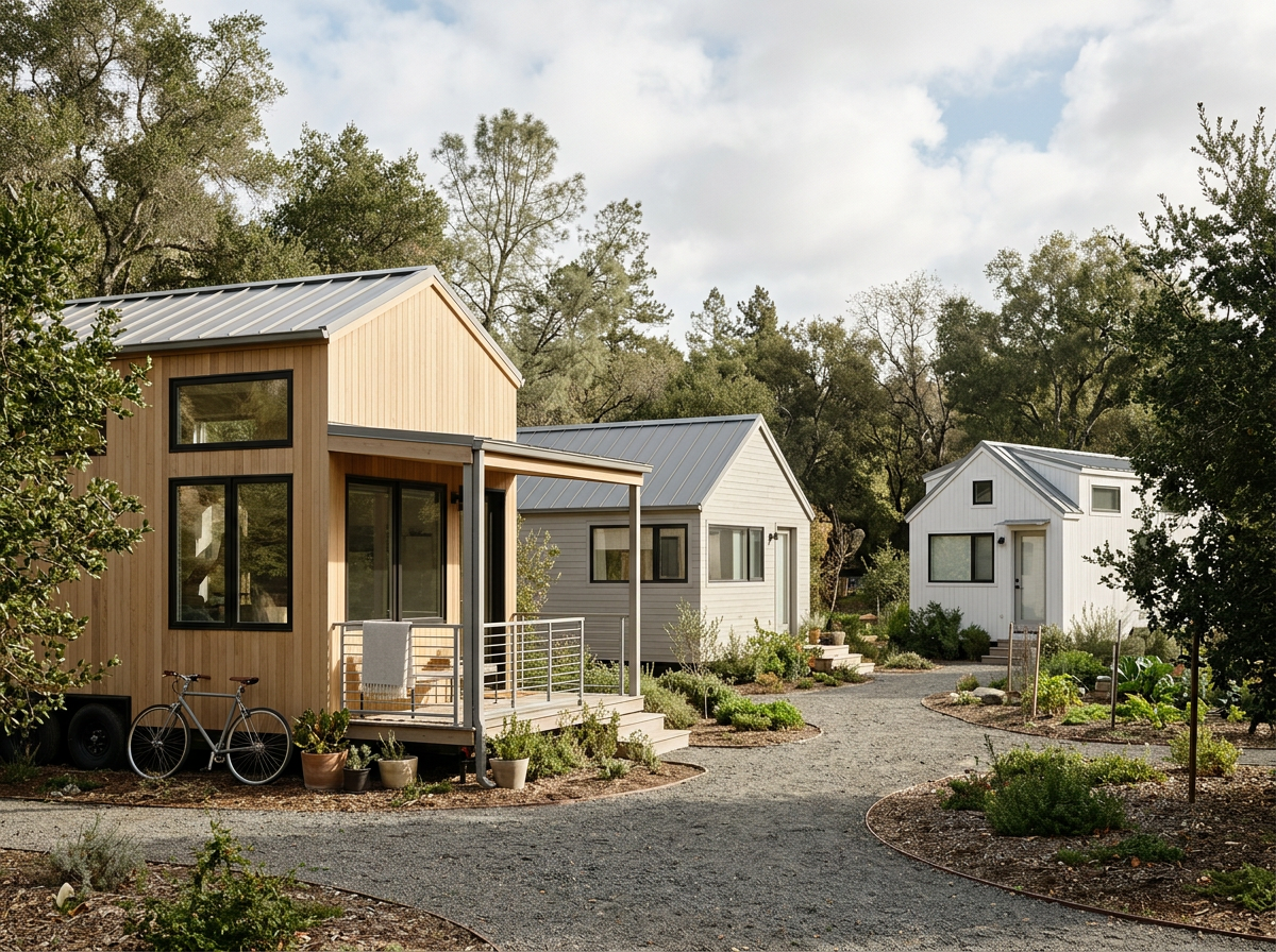 Three small modern houses with metal roofs in a rural setting surrounded by trees and landscaped gardens, gravel paths, and potted plants.