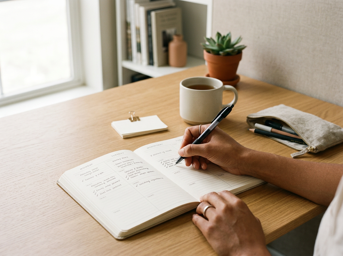 Person writing in a planner at a wooden desk with a mug of tea, a small notepad, and a pouch with pens, with a potted plant and bookshelf in the background.