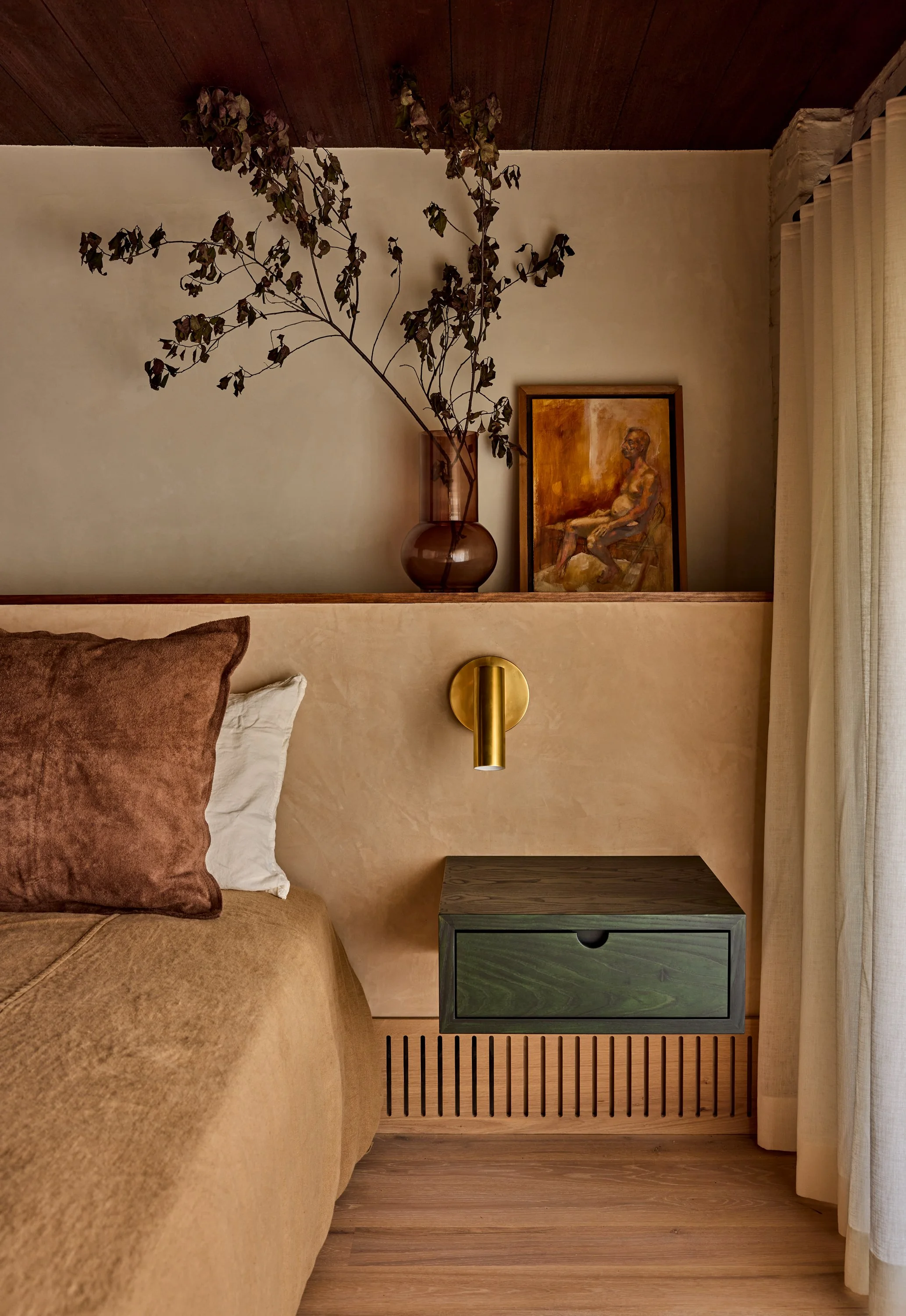 floating custom end table in deep green stain