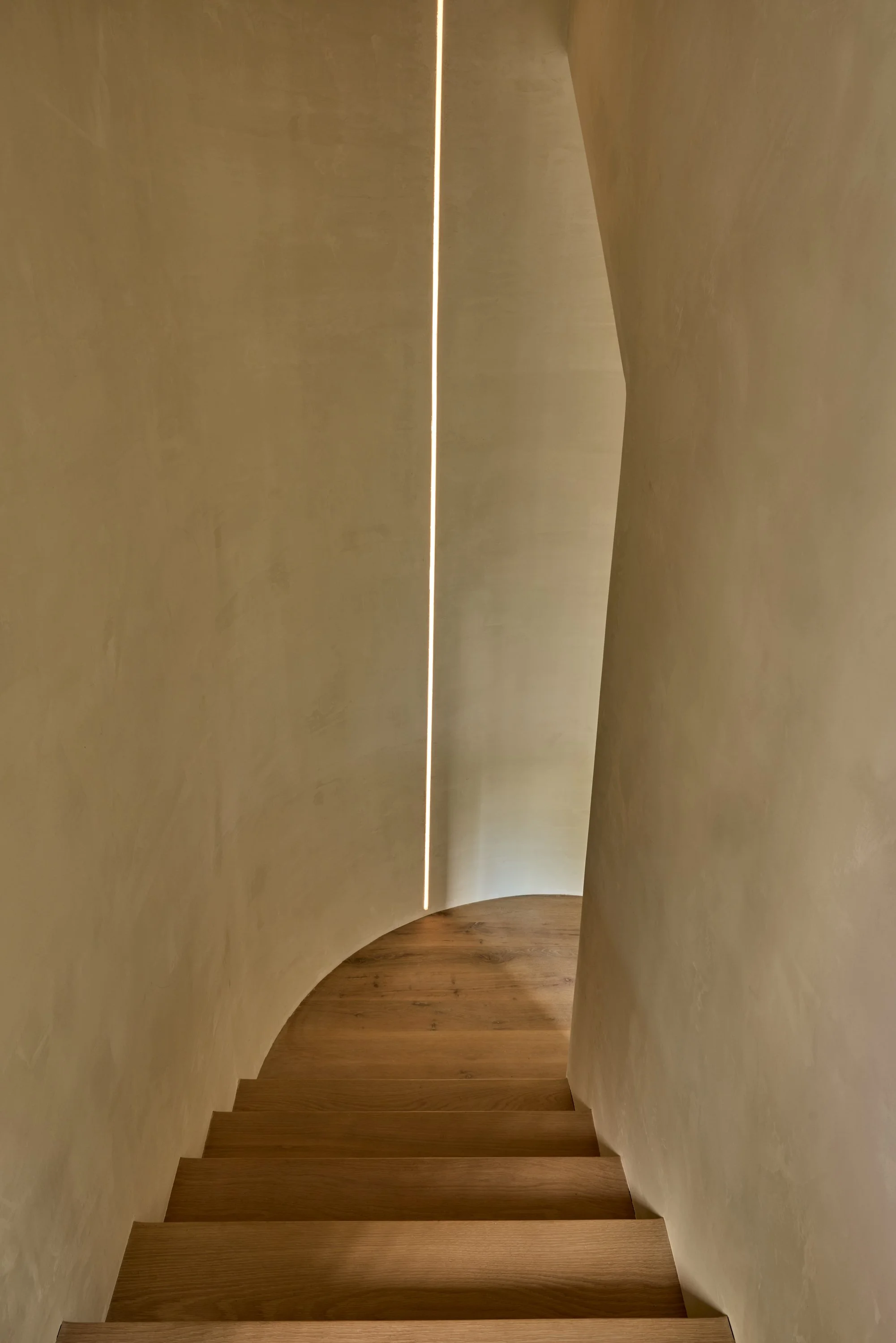 plaster staircase walls with linear lighting design by velocette studio