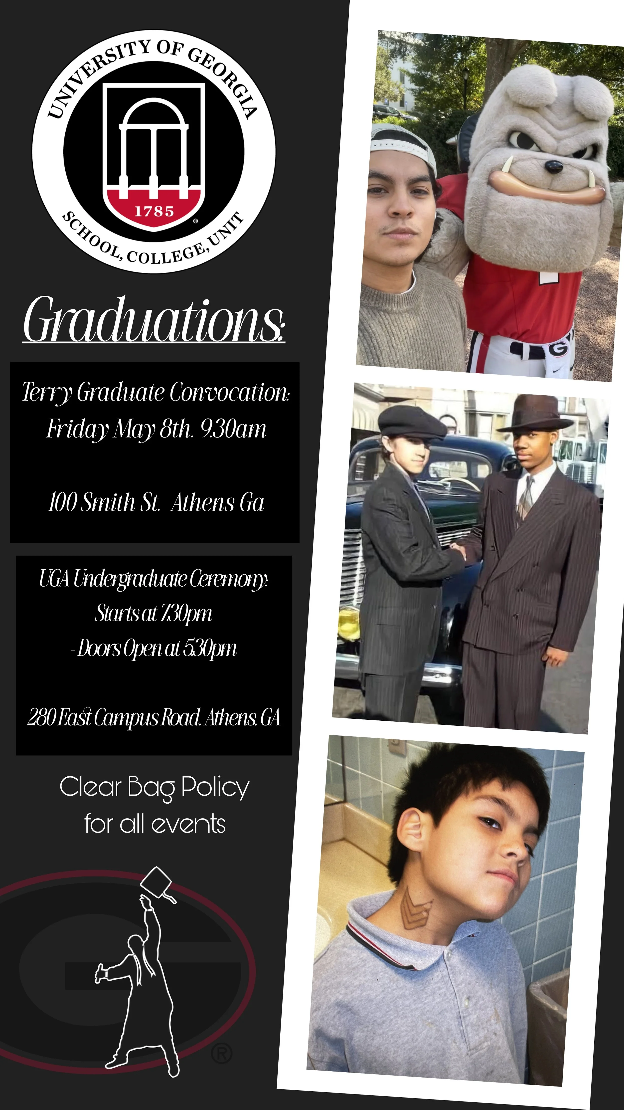 Flyer for University of Georgia graduation event including photos of students and a mascot. The flyer details the graduation ceremony and undergraduate ceremony schedule, location, and policies.
