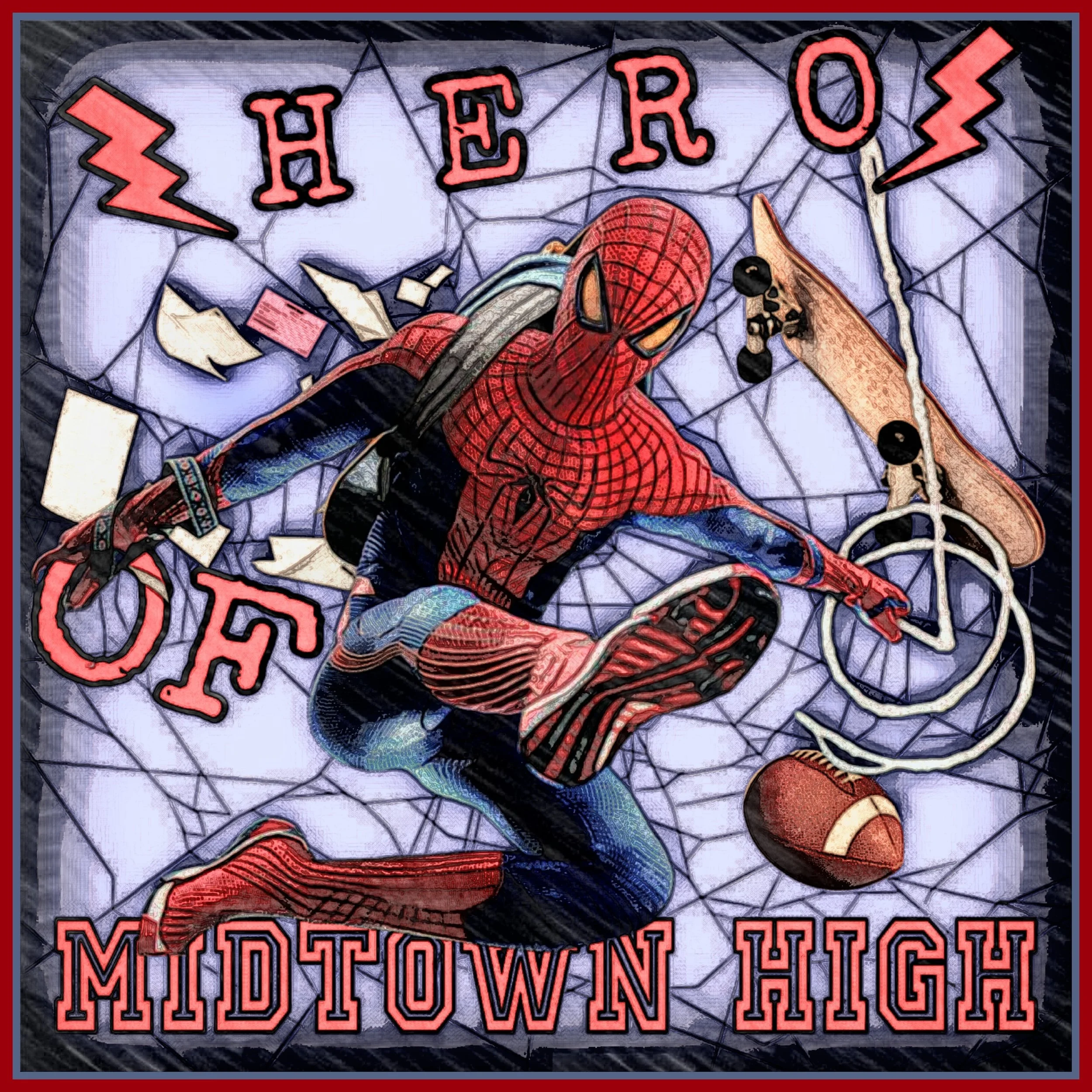 A sign with the phrase 'The Rock' above a cartoon Spiderman in a red and blue suit, with broken glass and debris around, and the partial text 'MilwTOWn' and 'LITE' visible at the bottom.