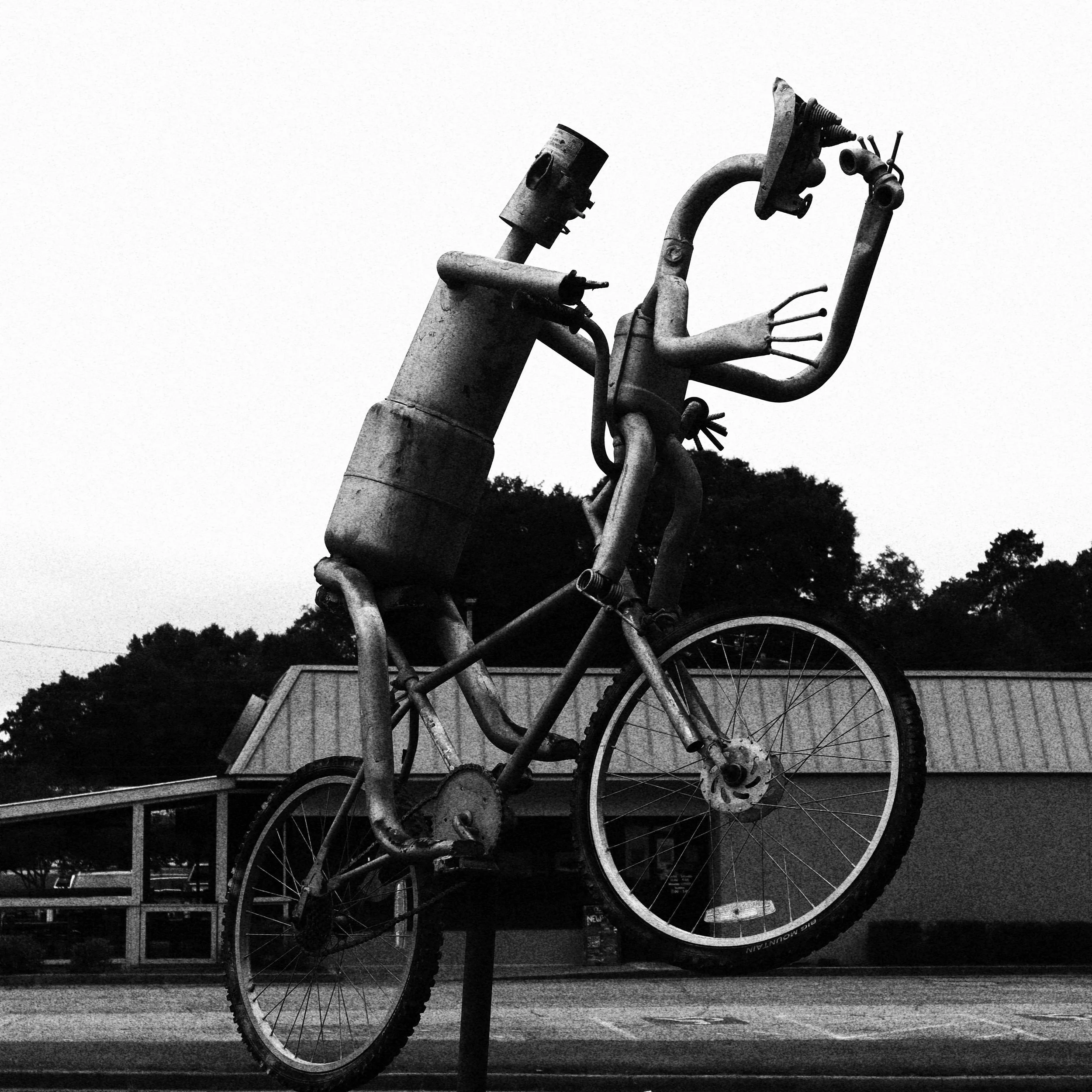 Black and white photo of a damaged bicycle mounted on a fence, with trees and sky in the background.