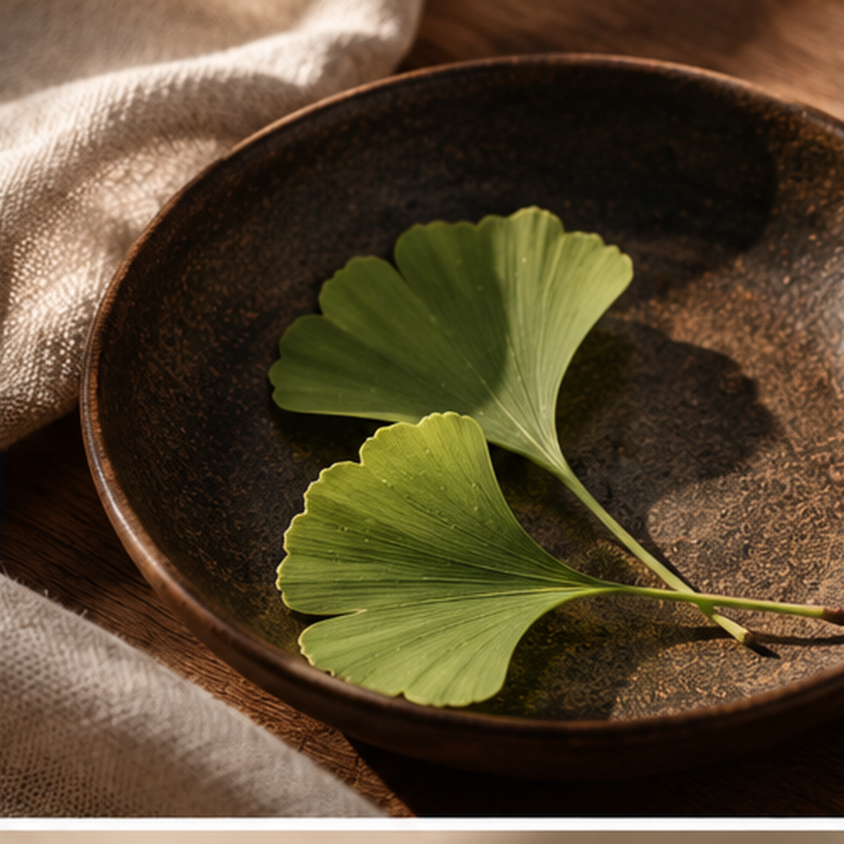 Green ginkgo leaves resting in a warm brown ceramic bowl.