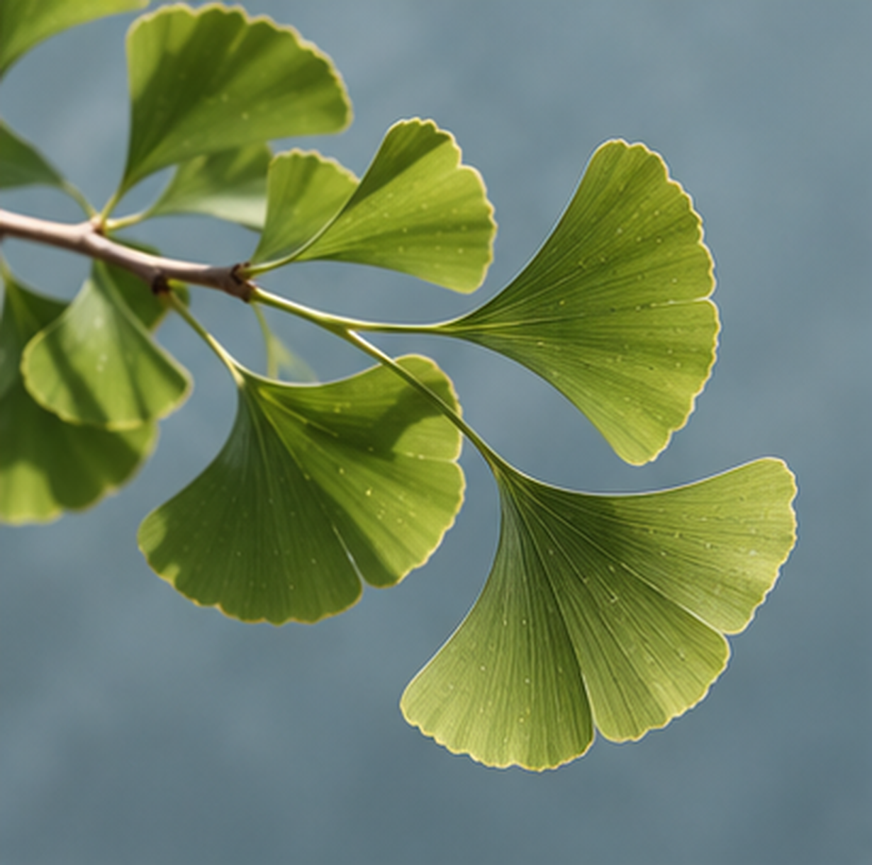 Sunlit ginkgo leaves against a soft slate-blue background.